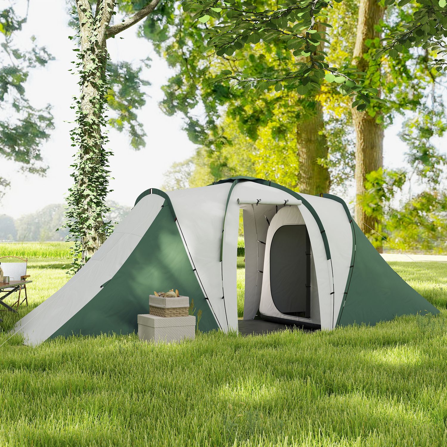 Tenda da campeggio 4-6 persone con 2 camere, in poliestere e fibra di vetro, 555x225x190 cm, grigio e verde - 