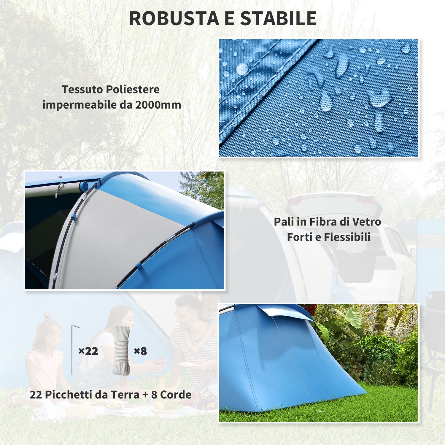 Tenda da campeggio 4 posti con 2 zone notte e borsa da trasporto, 430×240×170 cm, bianco e azzurro - 