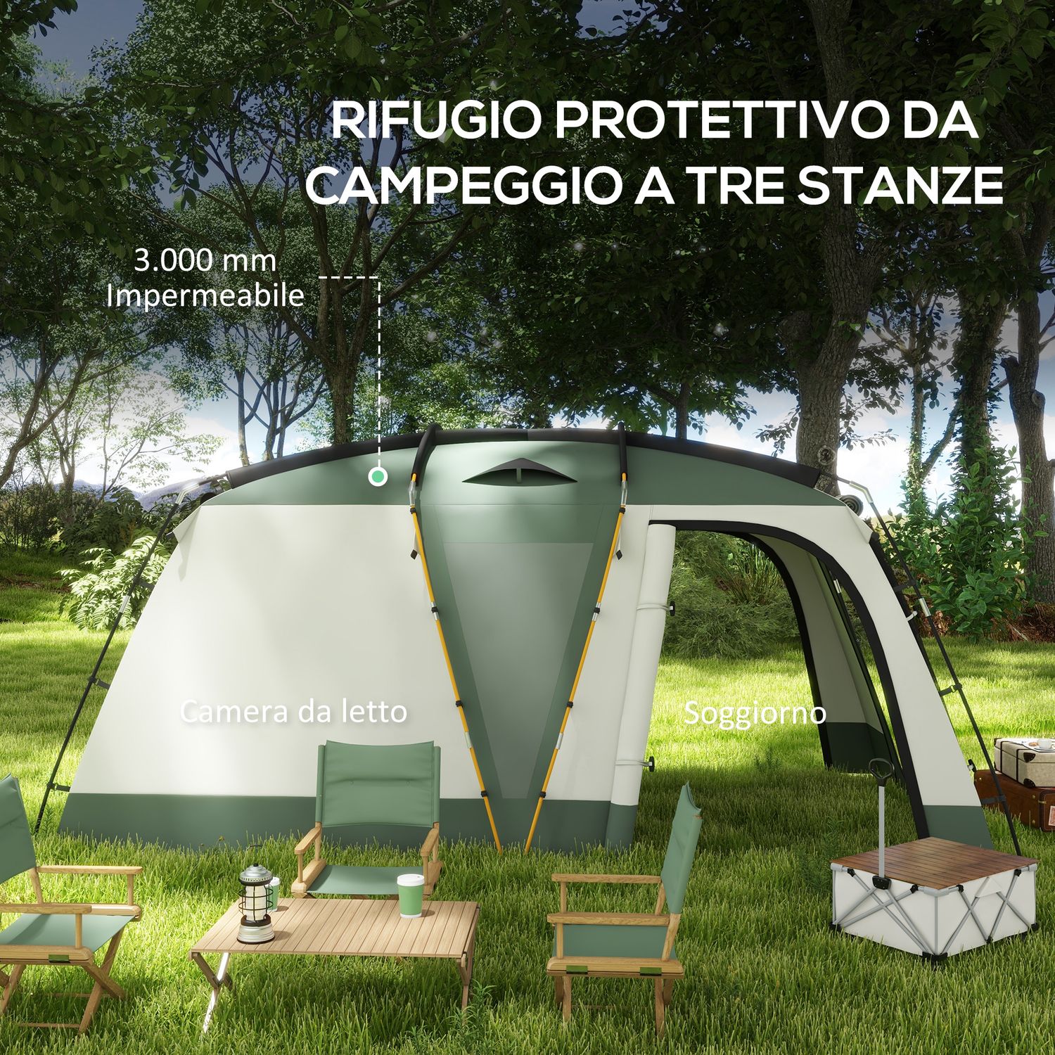 Tenda da campeggio 4 posti impermeabile con zona notte e zona giorno, in poliestere, 460x300x200 cm, verde - 