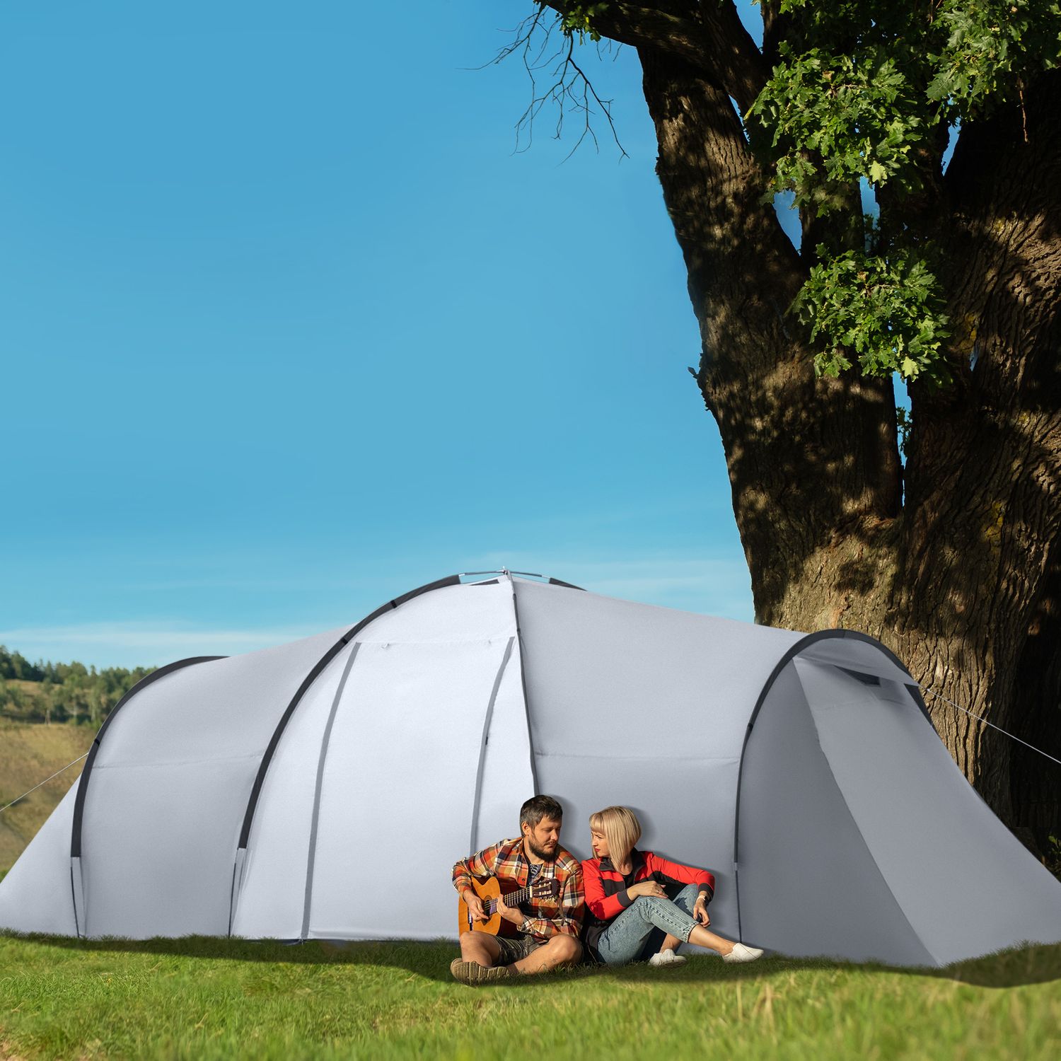 Tenda da campeggio 5 posti con 2 camere impermeabile con baldacchino, 590x245x193 cm, grigio - 