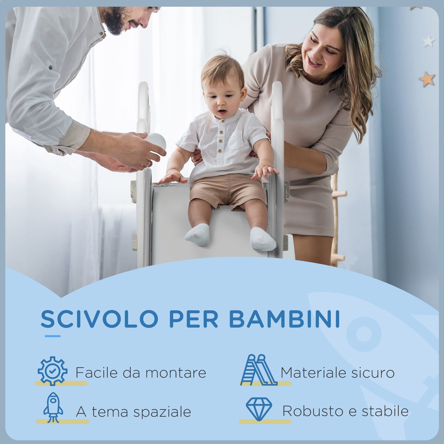 Scivolo per bambini 18-36 mesi in pe e pp a tema spaziale con scale antiscivolo, 157x46.5x80 cm, grigio e bianco - 