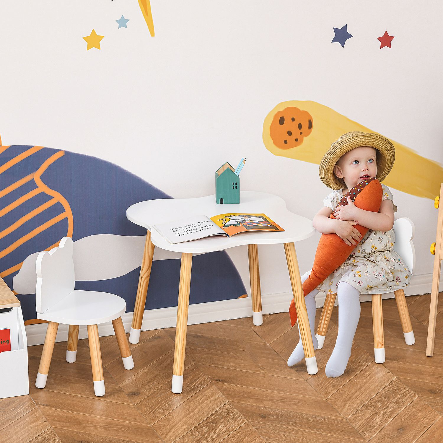 Set tavolino con 2 sedie per bambini a forma di orsetto in legno, bianco - 