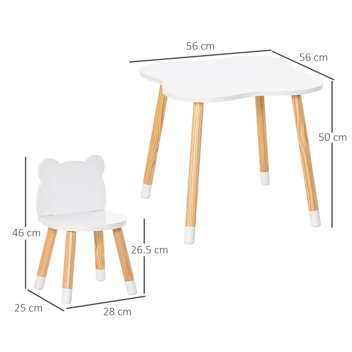 Set tavolino con 2 sedie per bambini a forma di orsetto in legno, bianco - 