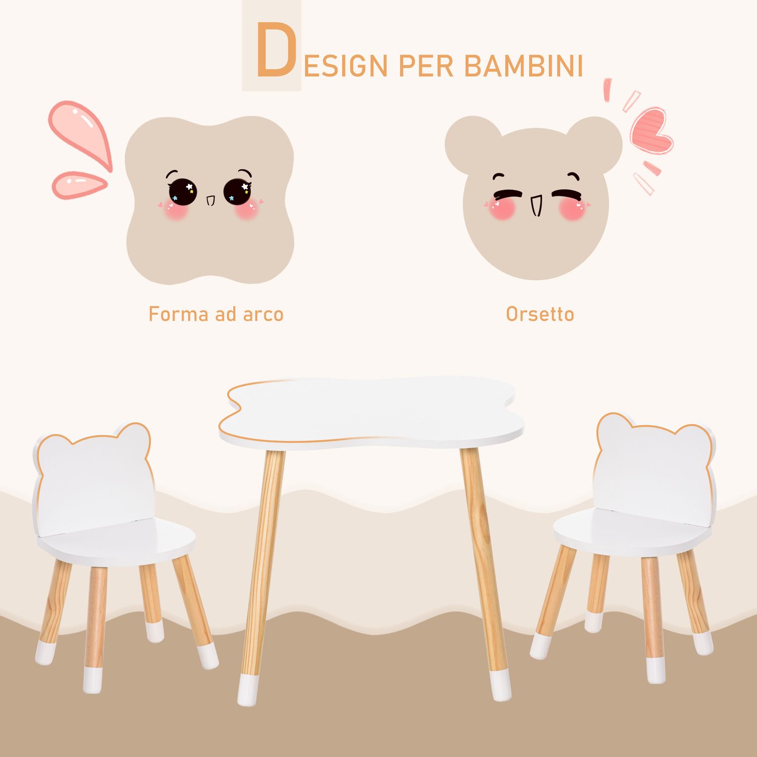 Set tavolino con 2 sedie per bambini a forma di orsetto in legno, bianco - 