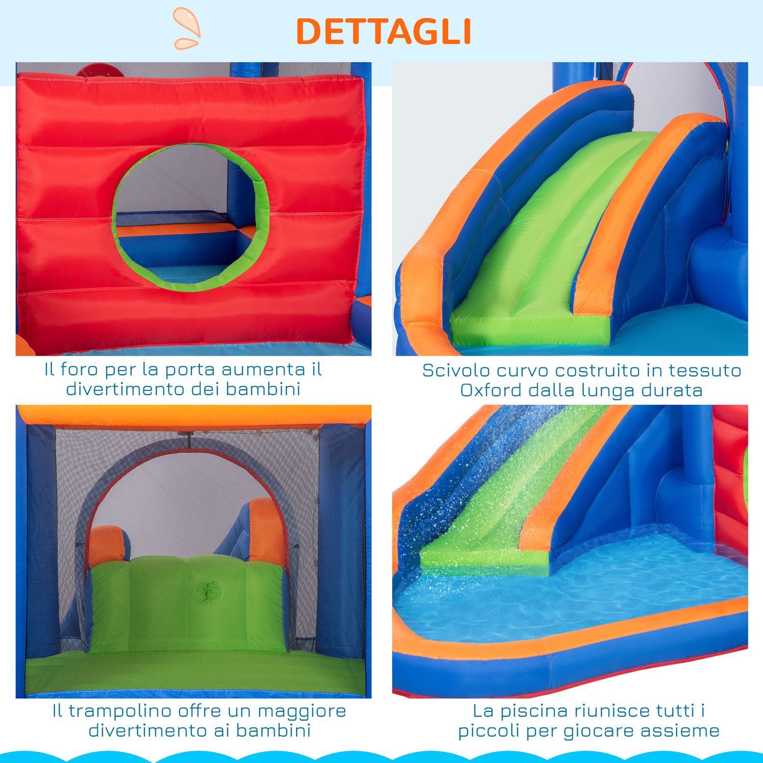 Castello gonfiabile per bambini 3-8 anni con scivolo, trampolino e piscina, 380x340x170cm - 