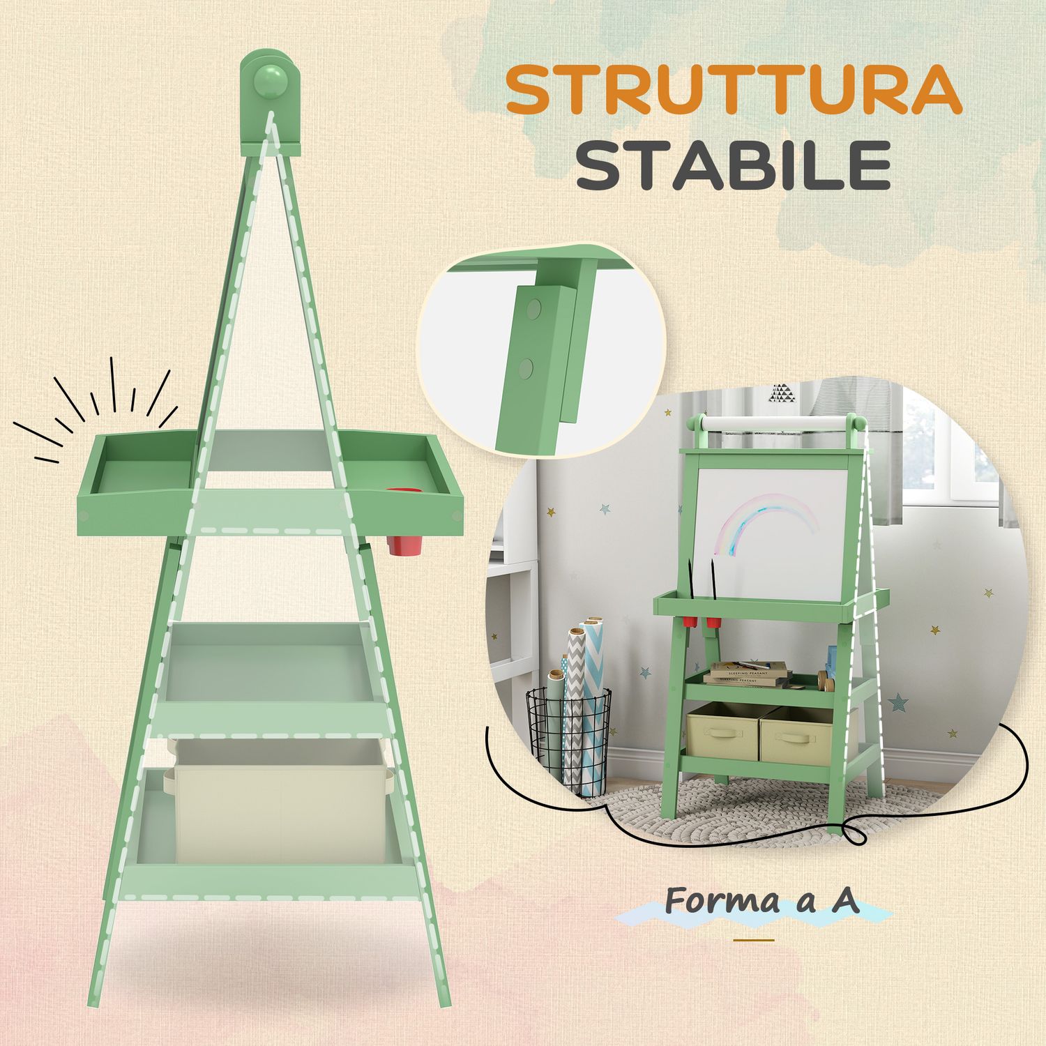 Lavagna per bambini con cavalletto 3 in 1, rotolo di carta e 2 contenitori, in legno, 59x48x118 cm, verde - 