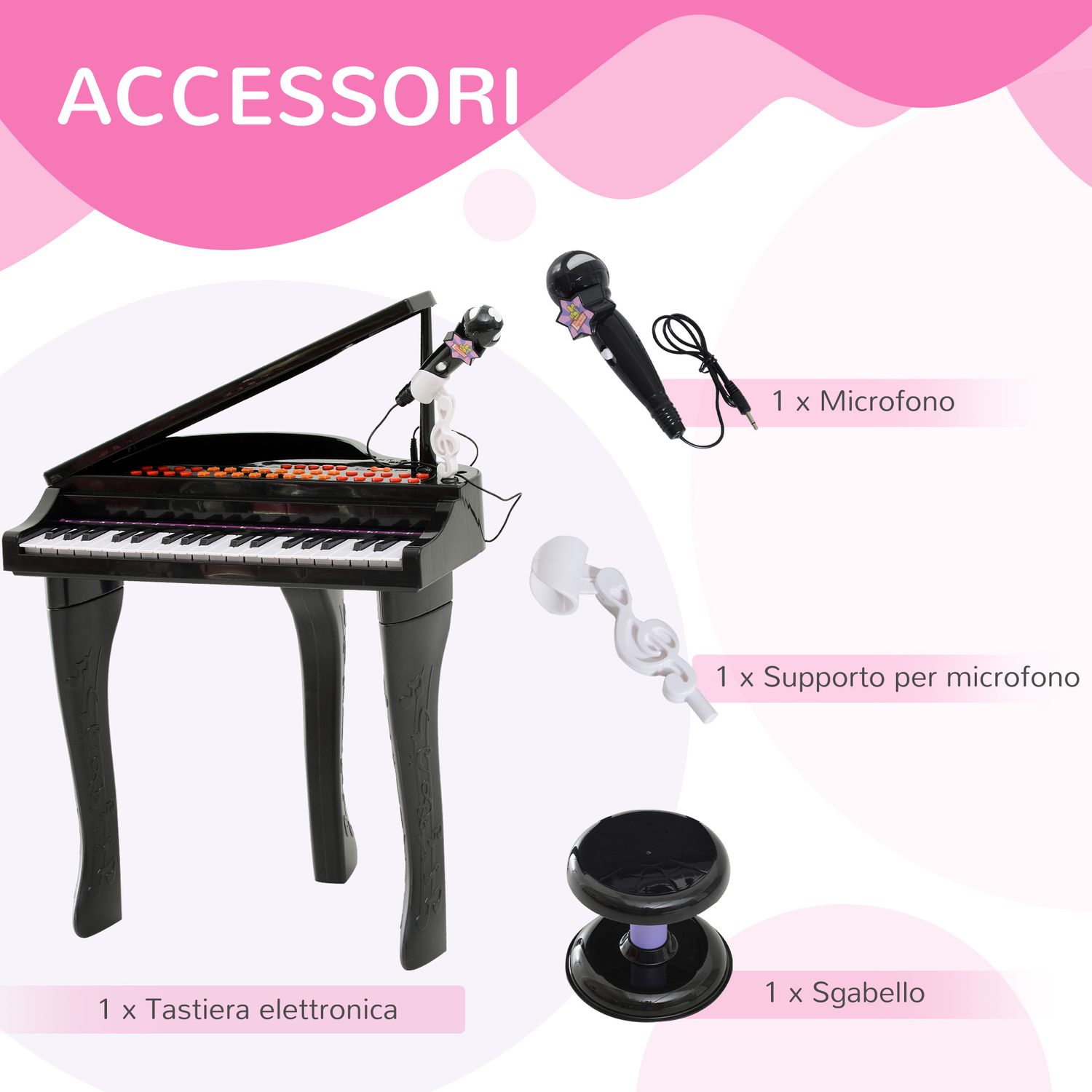 Pianoforte elettrico giocattolo strumento musicale per bambini con 37 tasti microfono e sgabello 48x39x69cm nero - 