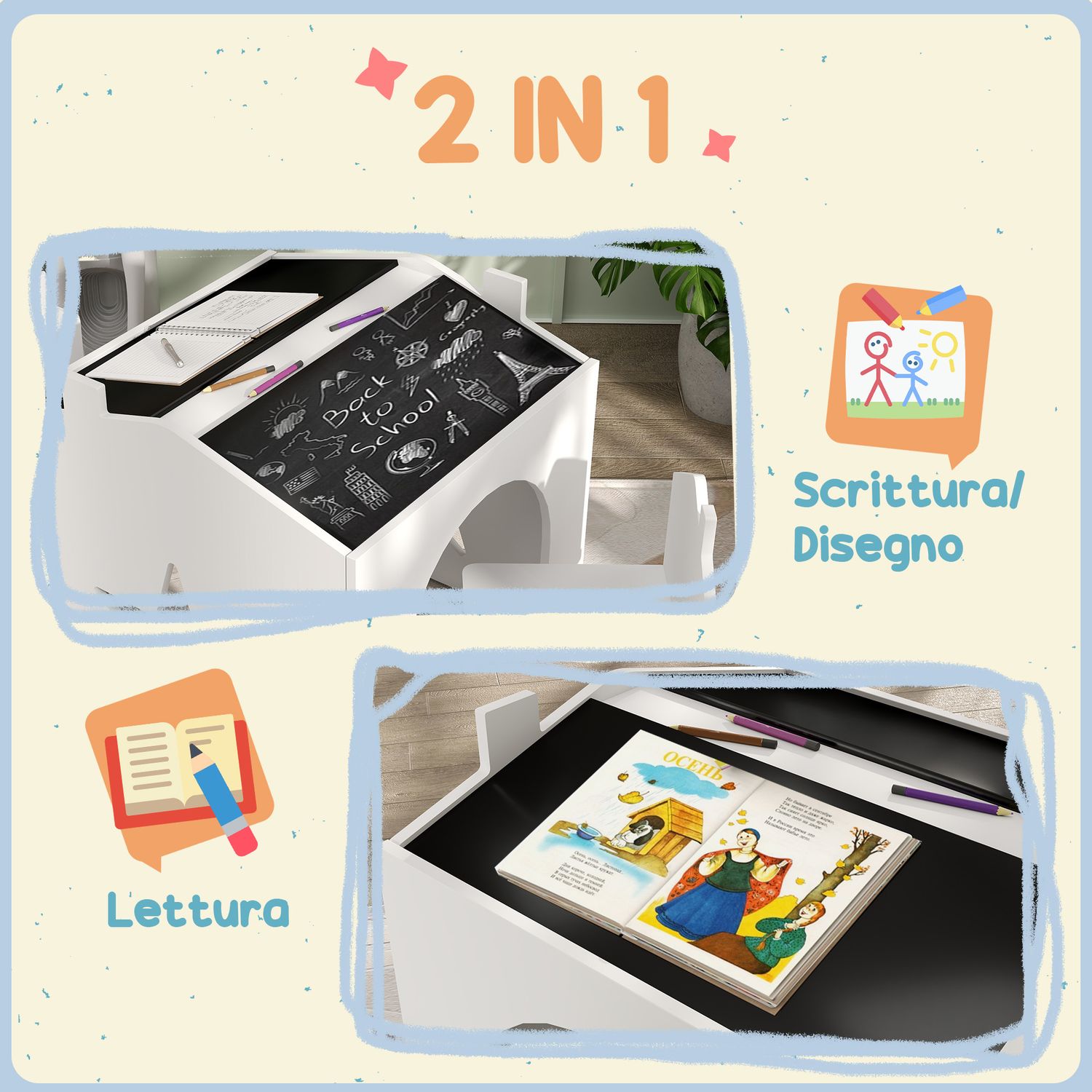 Set con 2 sedie per bambini e tavolino con lavagna per cameretta e asilo, età 3-8 anni, bianco - 