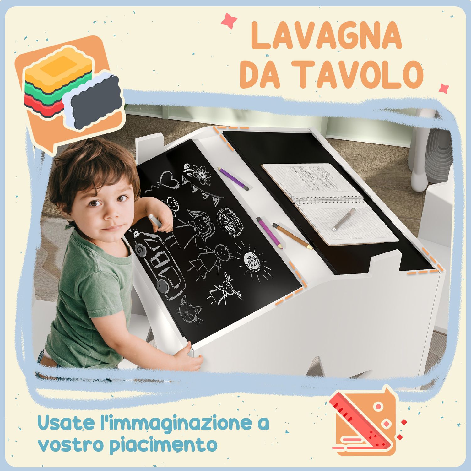 Set con 2 sedie per bambini e tavolino con lavagna per cameretta e asilo, età 3-8 anni, bianco - 