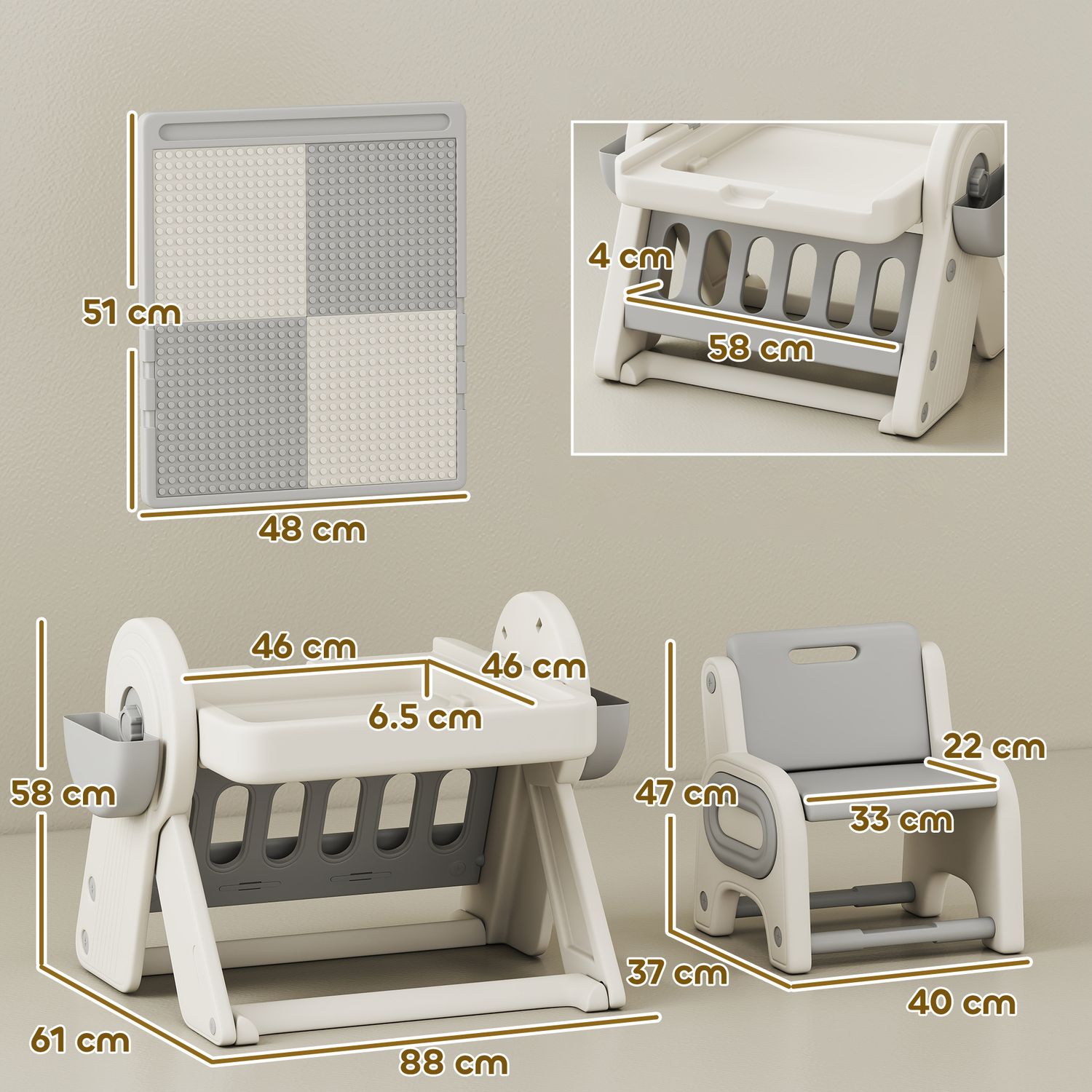 Tavolo multiuso per bambini con ripiano contenitore e cassetti, in hdpe e pp, grigio e bianco - 