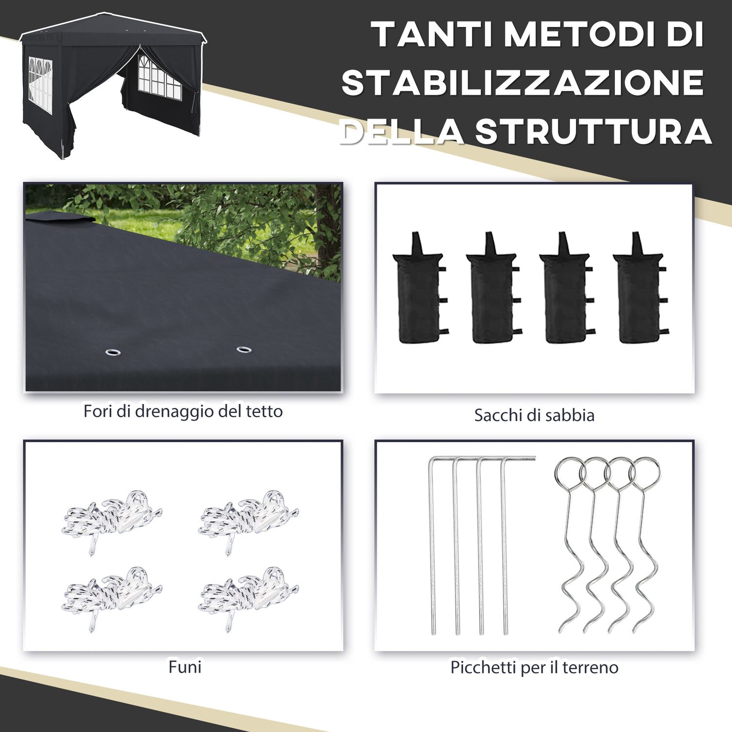 Gazebo 3x3 ad altezza regolabile con fori di drenaggio e borsa da trasporto, in metallo, grigio - 