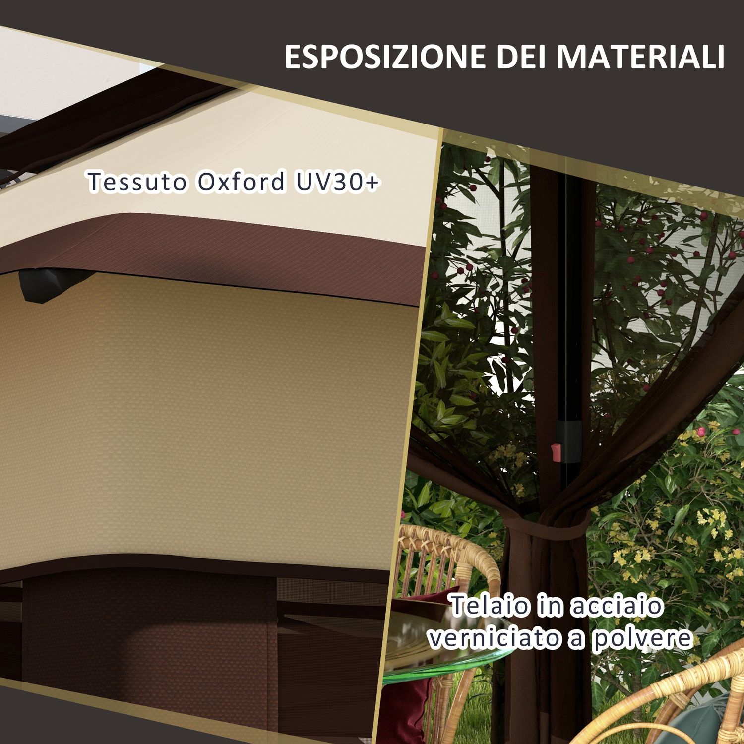 Gazebo 3x3 regolabile su 3 livelli con pareti rimovibili, in acciaio e tessuto oxford, color caffè e beige - 