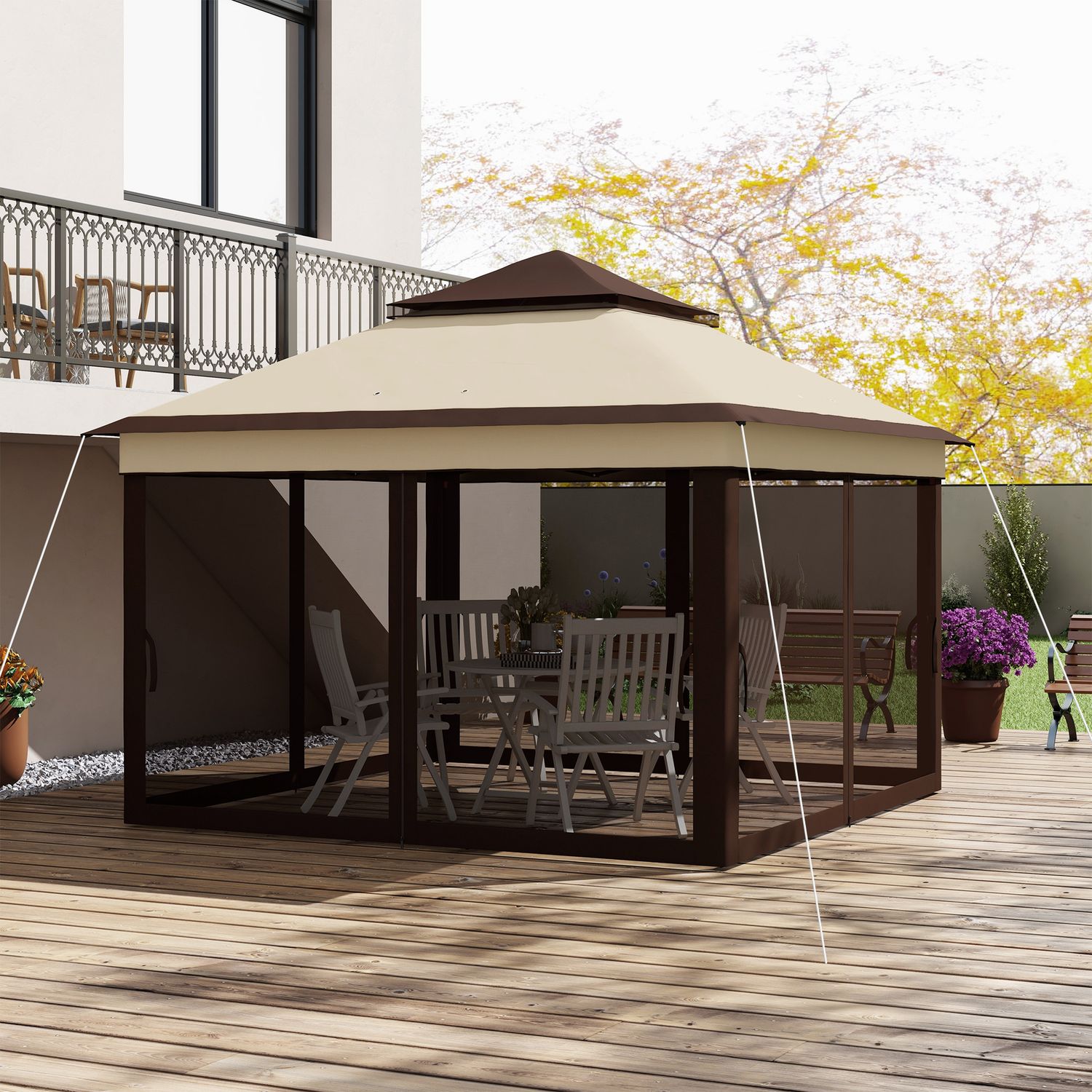 Gazebo 3x3 regolabile su 3 livelli con pareti rimovibili, in acciaio e tessuto oxford, color caffè e beige - 
