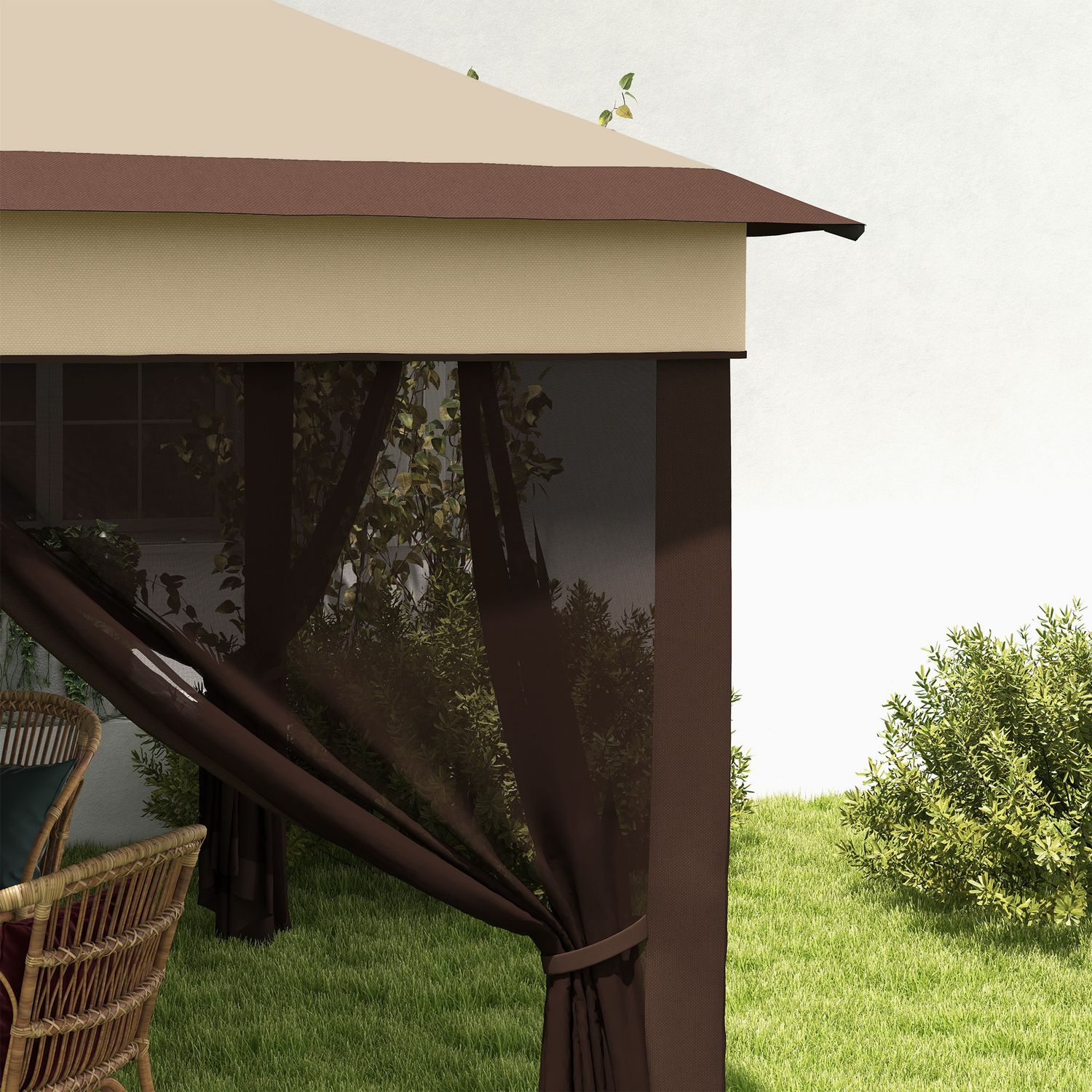 Gazebo 3x3 regolabile su 3 livelli con pareti rimovibili, in acciaio e tessuto oxford, color caffè e beige - 