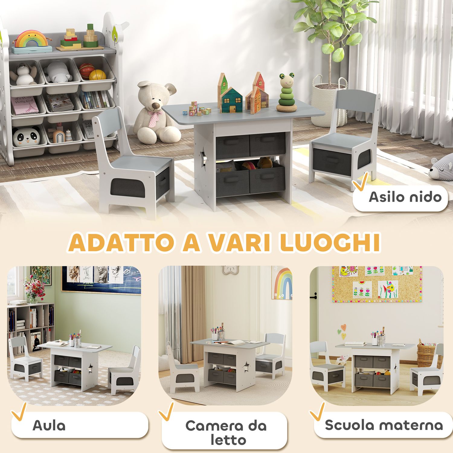 Set tavolo e sedie per bambini 3-8 anni con 6 cassetti e bordi arrotondati, in legno e tessuto, grigio e bianco - 