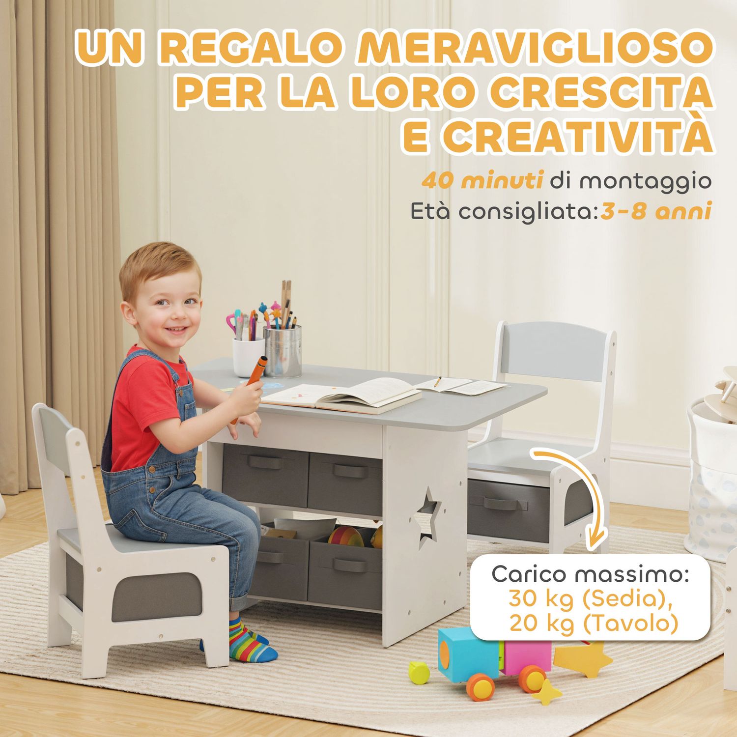 Set tavolo e sedie per bambini 3-8 anni con 6 cassetti e bordi arrotondati, in legno e tessuto, grigio e bianco - 