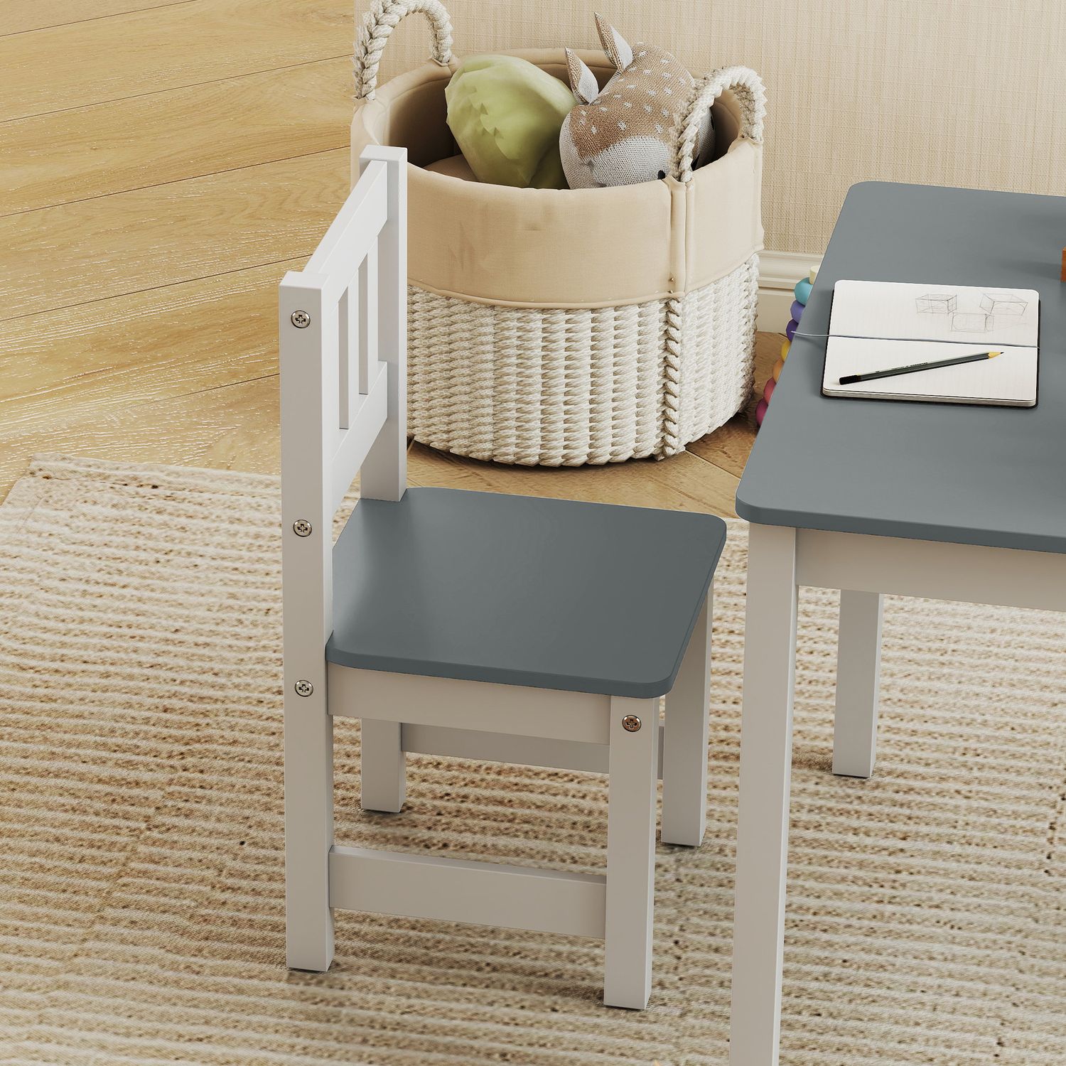Set tavolo e sedie per bambini da 3-8 anni 3 pz in legno con bordi arrotondati, grigio e bianco - 