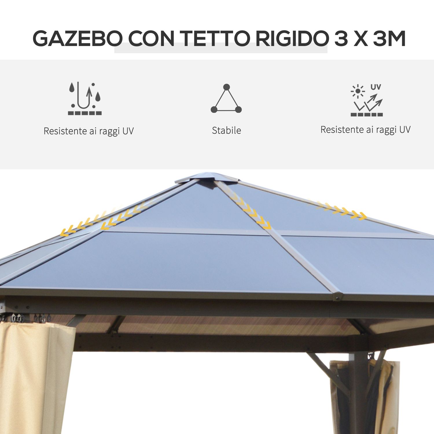 Gazebo da giardino 3x3m con tetto in policarbonato e zanzariere, caffè e khaki - 