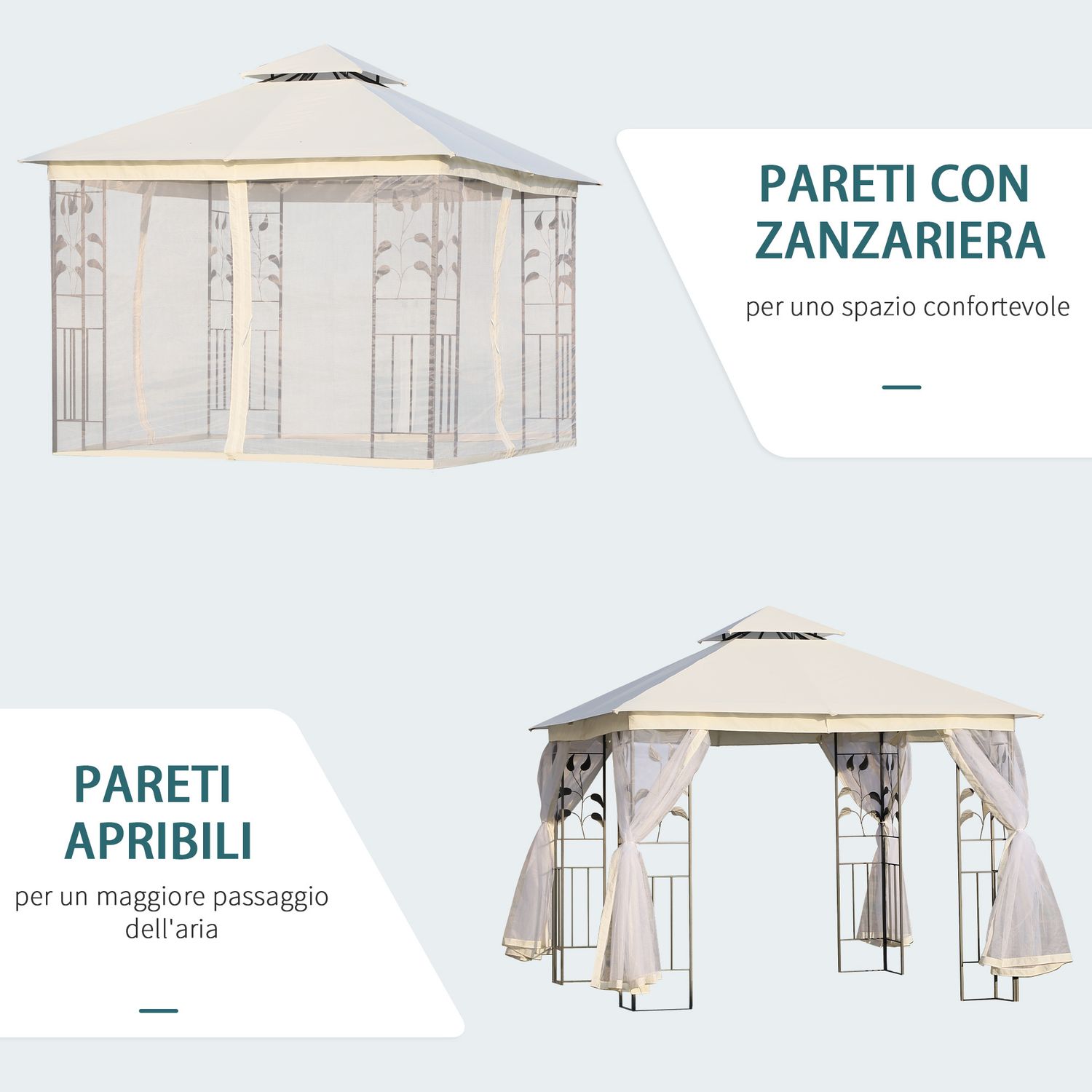 Gazebo da giardino 3x3m con zanzariera, telaio in acciaio e doppio tettuccio, bianco - 