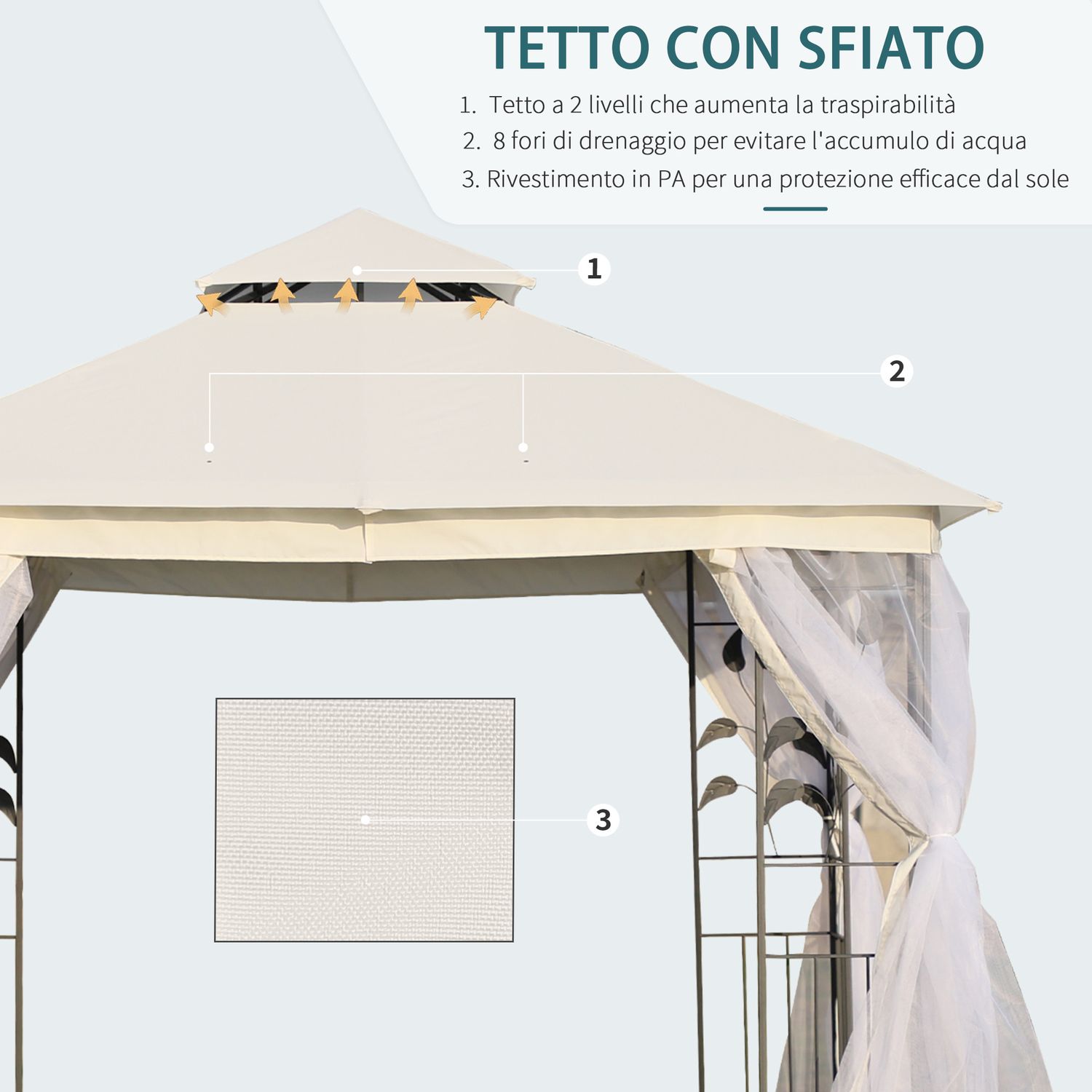 Gazebo da giardino 3x3m con zanzariera, telaio in acciaio e doppio tettuccio, bianco - 
