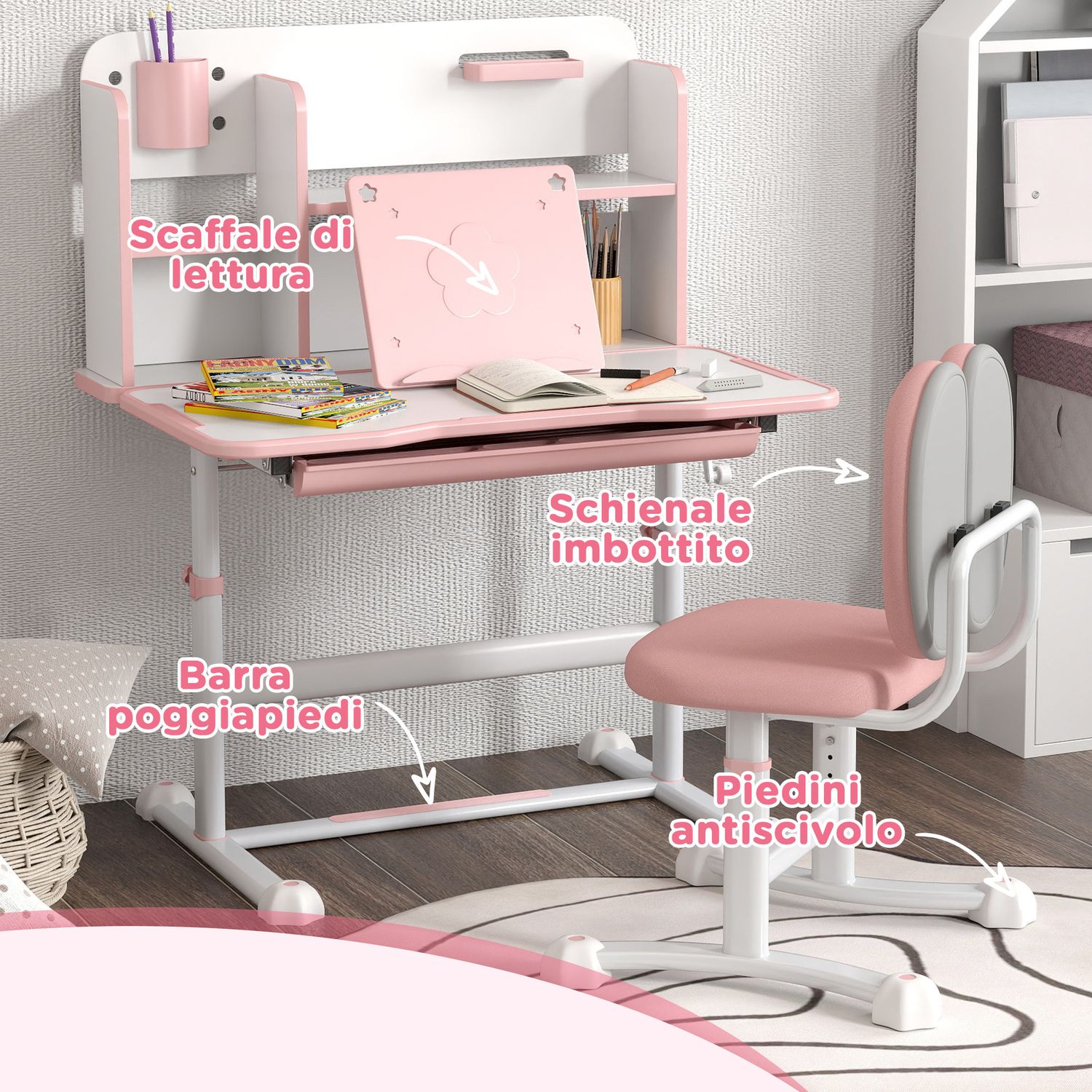 Set scrivania e sedia per bambini regolabili, banco scuola con piano inclinabile, cassetto, scaffale, rosa - 