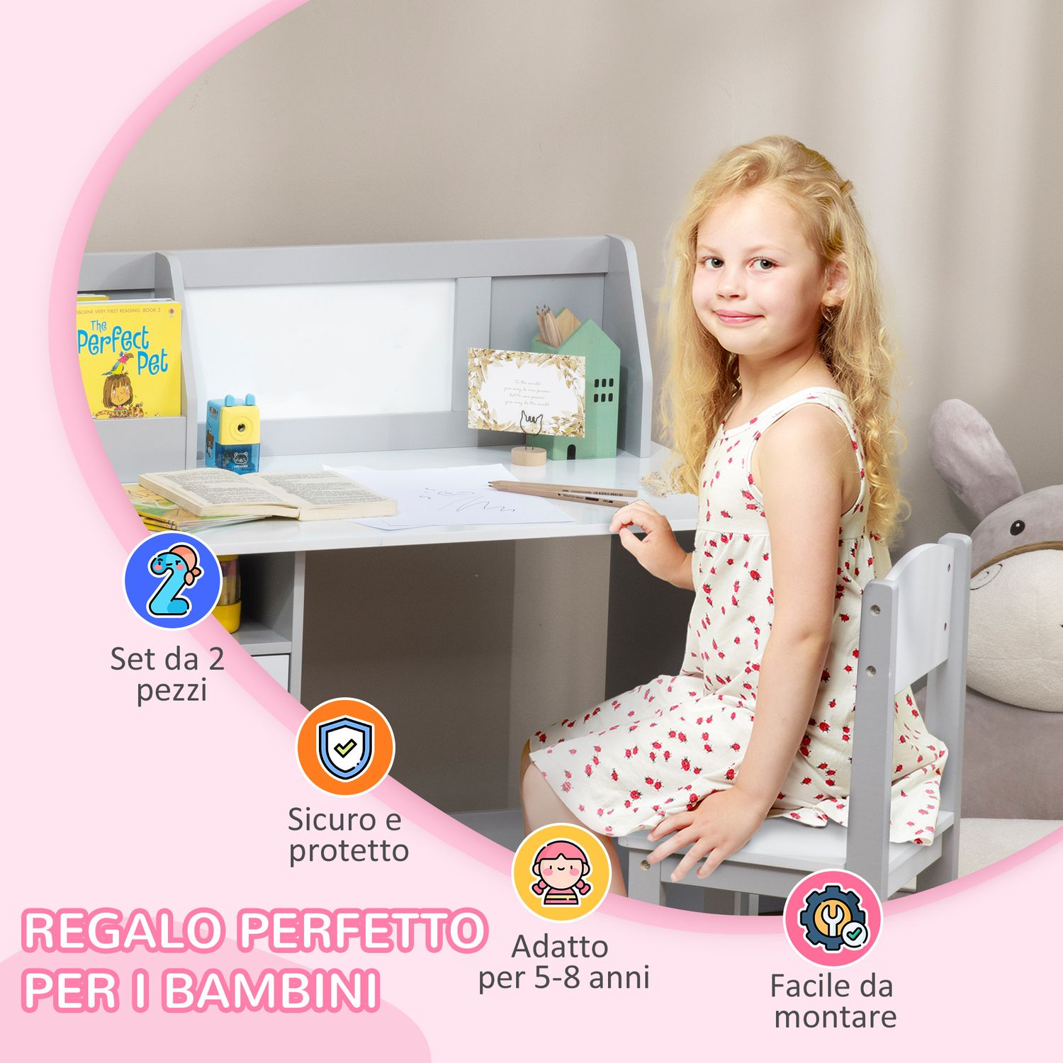 Set tavolo e sedie per bambini 5+ anni in legno con banco scuola e sedia bianco e grigio - 