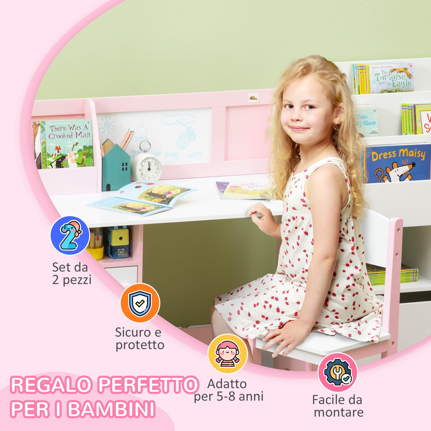 Set tavolo e sedie per bambini 5+ anni in legno con banco scuola e sedia bianco e rosa - 