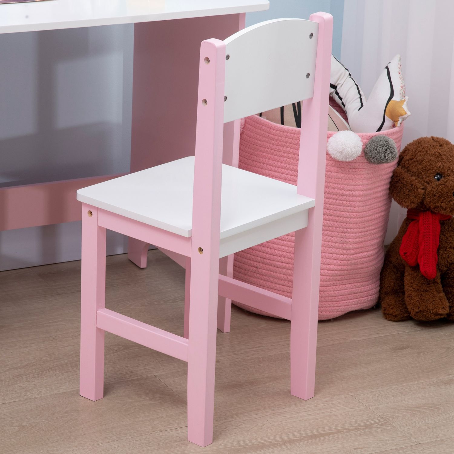 Set tavolo e sedie per bambini 5+ anni in legno con banco scuola e sedia bianco e rosa - 
