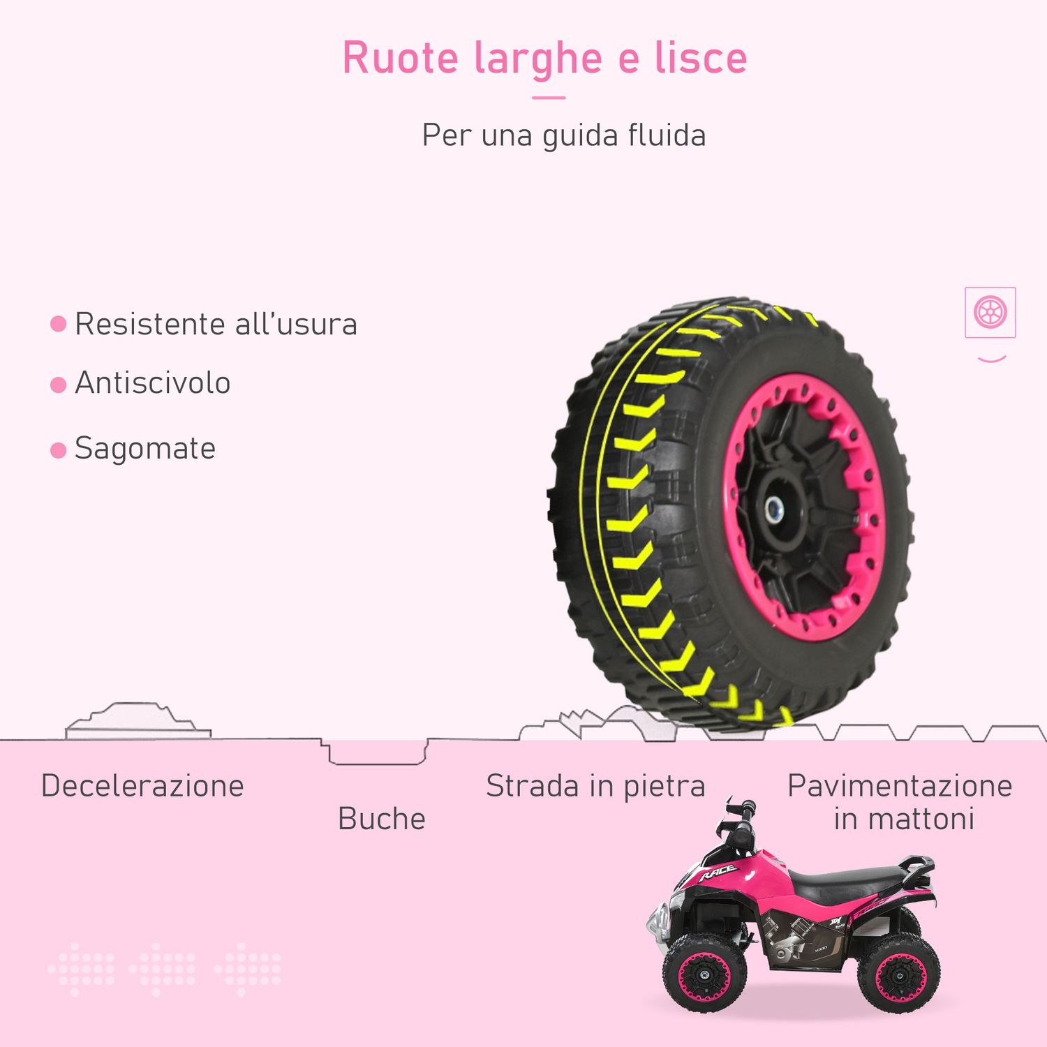 Mini quad per bambini 18-36 mesi a spinta manuale con musiche integrate e ampio manubrio, moto per bambini in pp e metallo, 67.5x38x44 cm, rosa - 