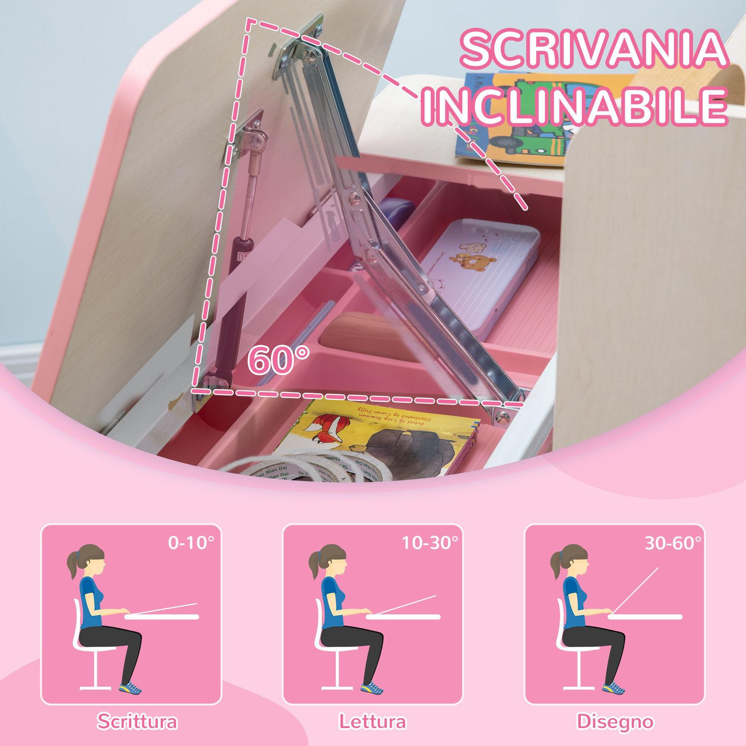 Set scrivania e sedia per bambini da 3 anni regolabile, tavolo inclinabile a 60° con cassetto e ripiani, rosa - 
