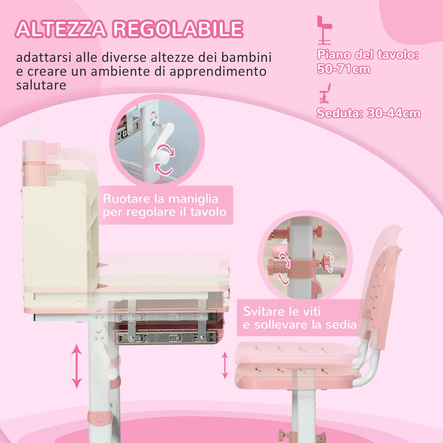 Set scrivania e sedia per bambini da 3 anni regolabile, tavolo inclinabile a 60° con cassetto e ripiani, rosa - 
