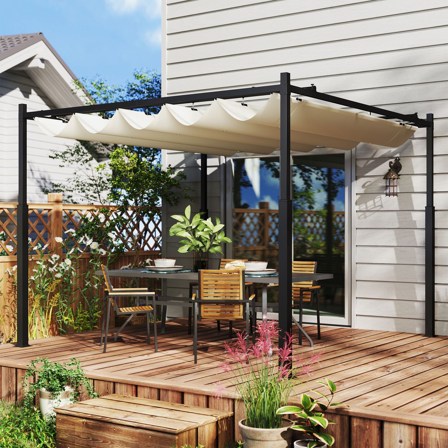 Gazebo pergola 3x3 m con tettuccio retrattile, 8 viti e 8 picchetti, in poliestere 180g e metallo, bianco crema - 