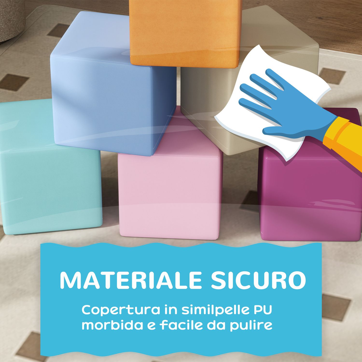 Set 12 cubi giocattolo morbidi per bambini 12-36 mesi in pu ed epe, 20x20x20cm, multicolore - 