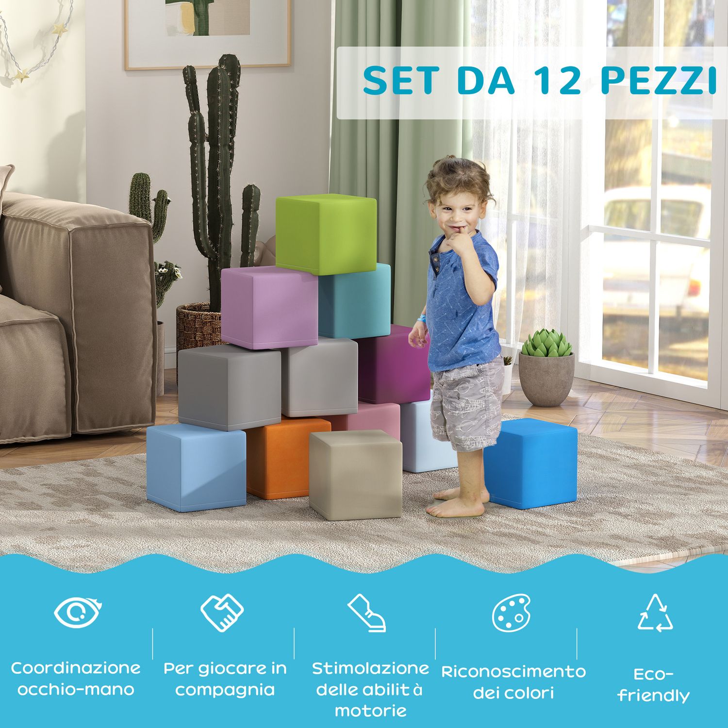 Set 12 cubi giocattolo morbidi per bambini 12-36 mesi in pu ed epe, 20x20x20cm, multicolore - 