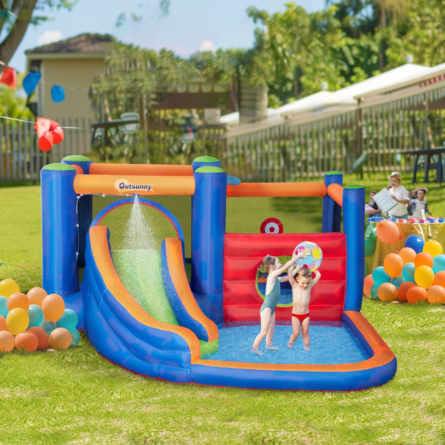 Castello gonfiabile per bambini 3-8 anni con scivolo, trampolino e piscina, 380x340x170cm - 