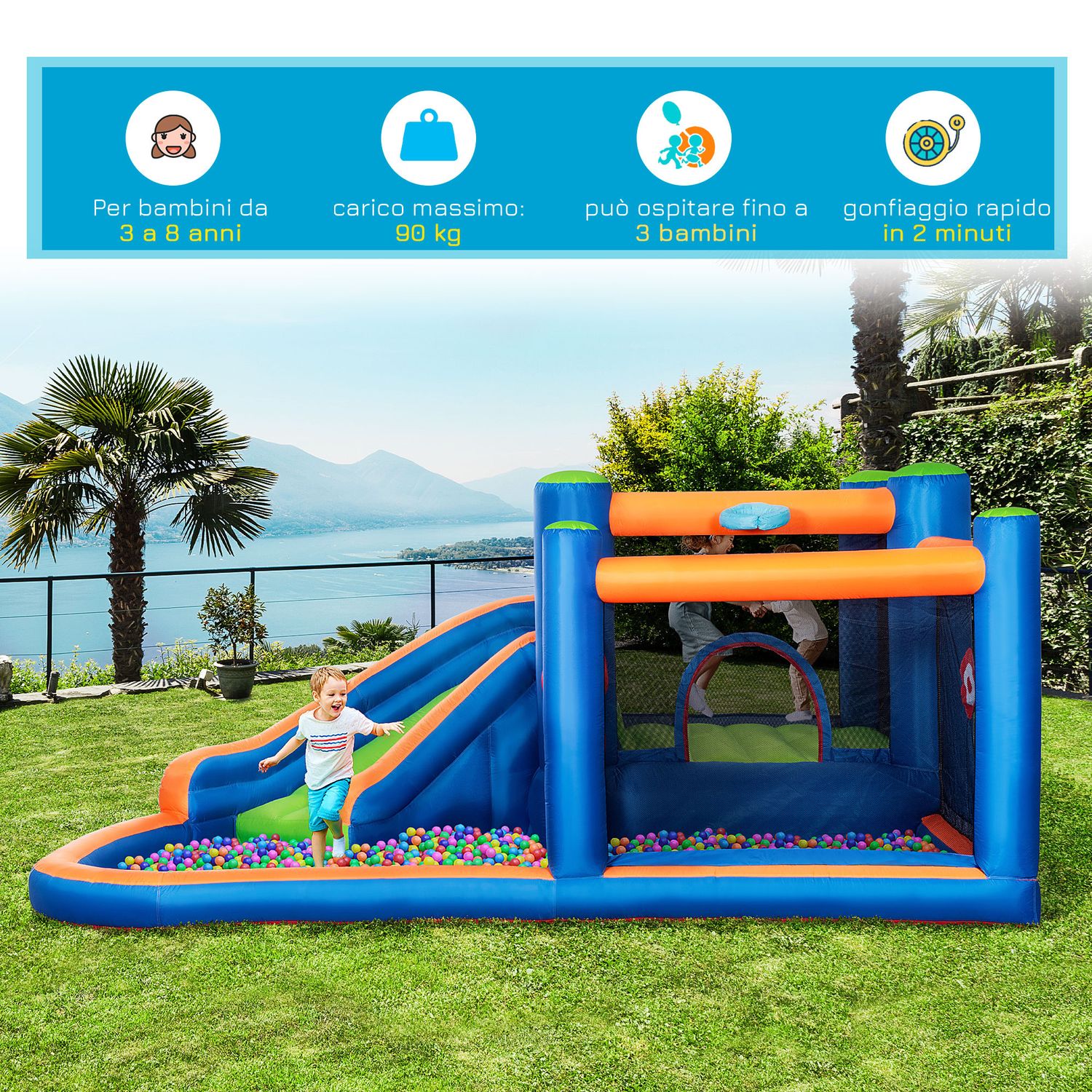 Castello gonfiabile per bambini 3-8 anni con scivolo, trampolino e piscina, 380x340x170cm - 