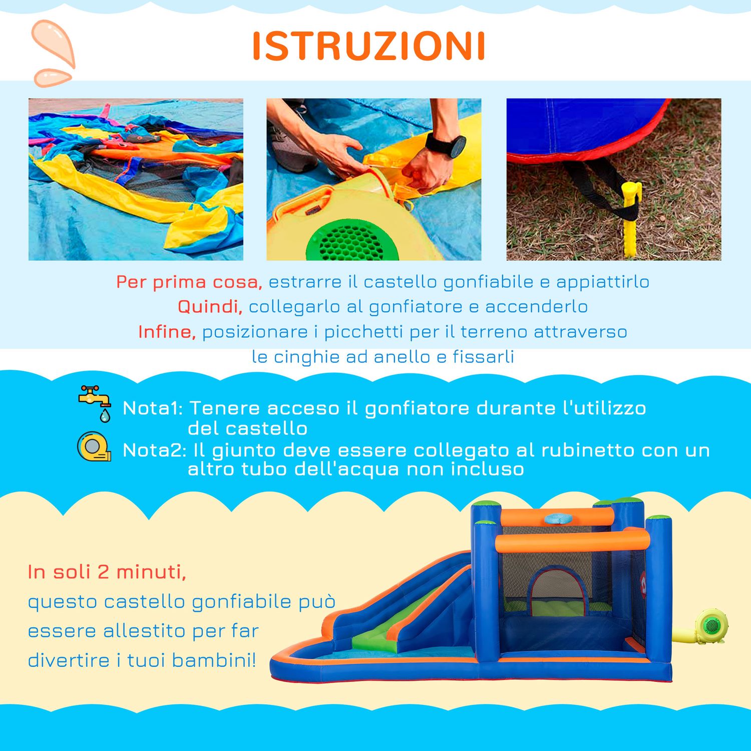 Castello gonfiabile per bambini 3-8 anni con scivolo, trampolino e piscina, 380x340x170cm - 