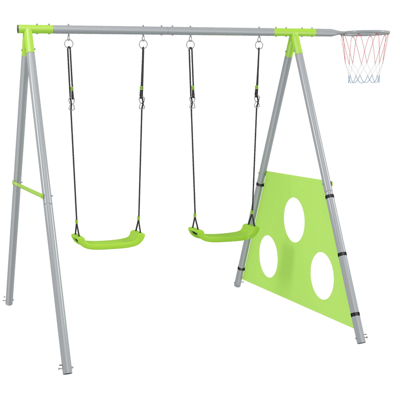Gioco per bambini 3 in 1 con altalena da giardino, canestro e porta da calcio, 238x180x182 cm,, verde e grigio - 