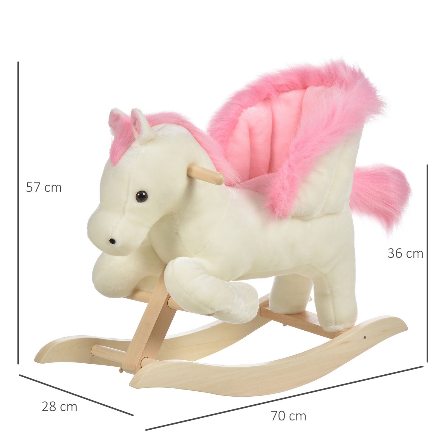 Cavallo a dondolo bianco e rosa con suoni e struttura in legno di pioppo per bambini 18-36 mesi, 70x28x57cm - 