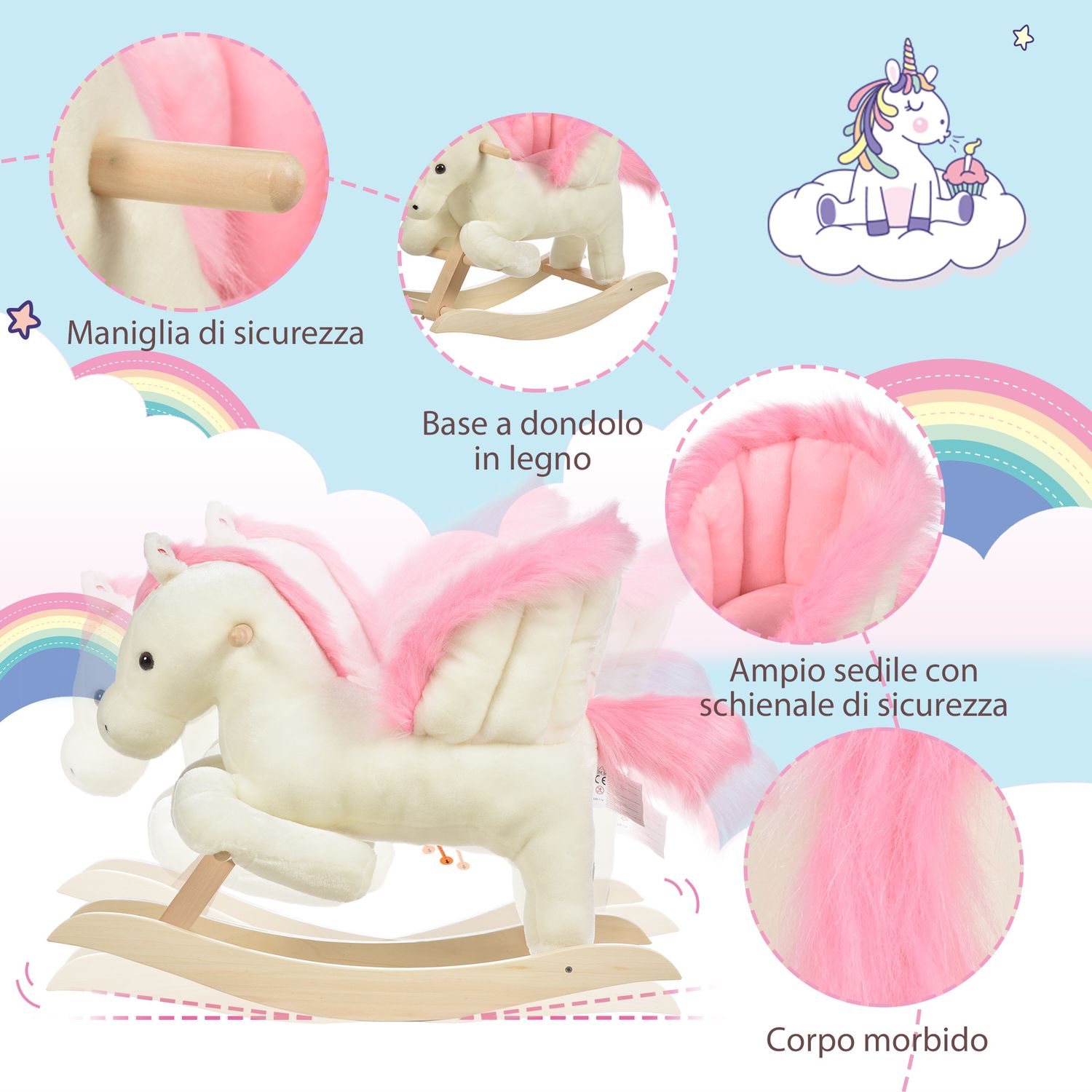 Cavallo a dondolo bianco e rosa con suoni e struttura in legno di pioppo per bambini 18-36 mesi, 70x28x57cm - 