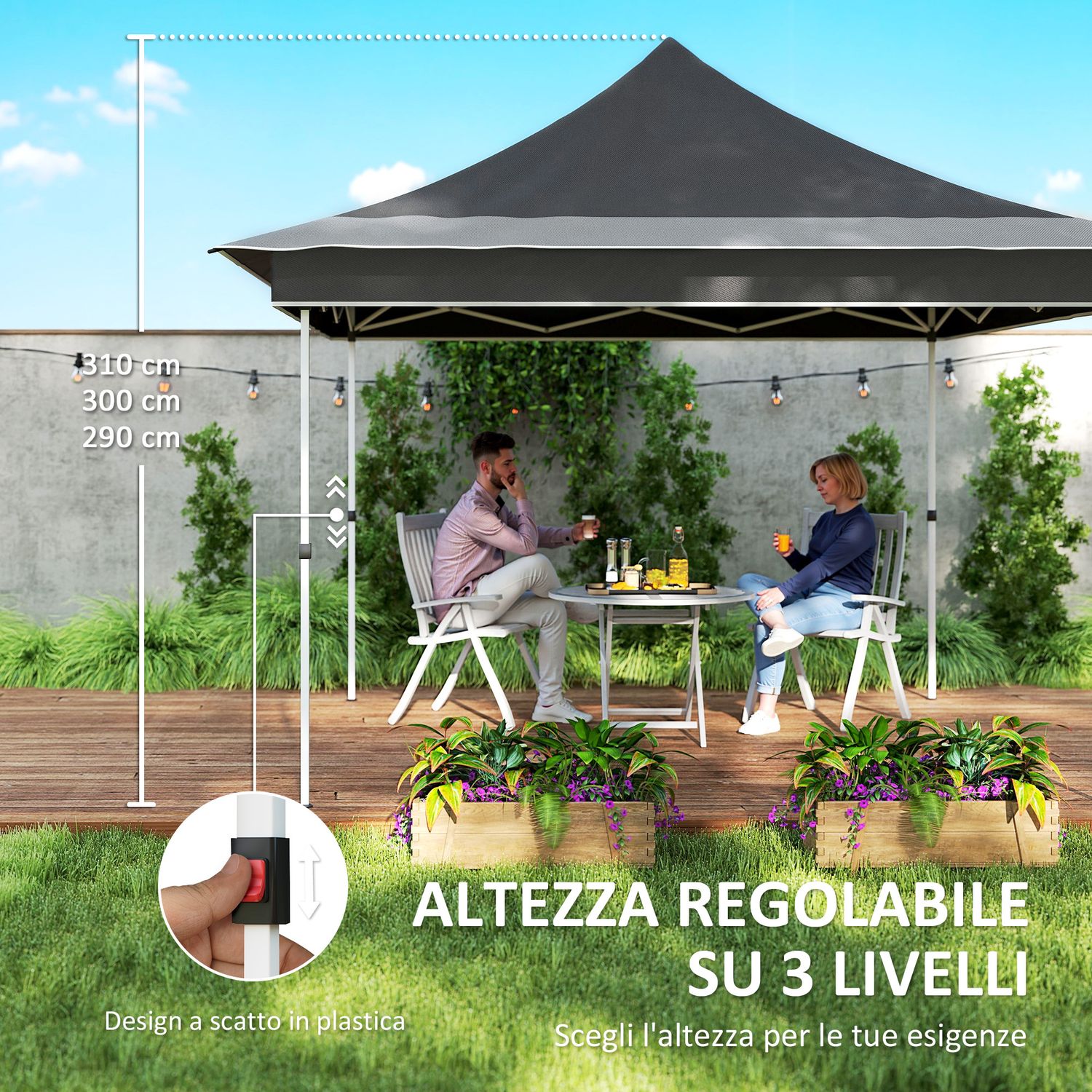 Gazebo da giardino ad altezza regolabile con zanzariera, in poliestere e metallo, 357x357x310 cm, grigio scuro - 