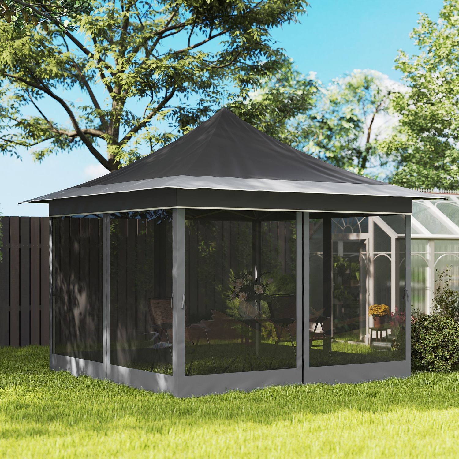 Gazebo da giardino ad altezza regolabile con zanzariera, in poliestere e metallo, 357x357x310 cm, grigio scuro - 