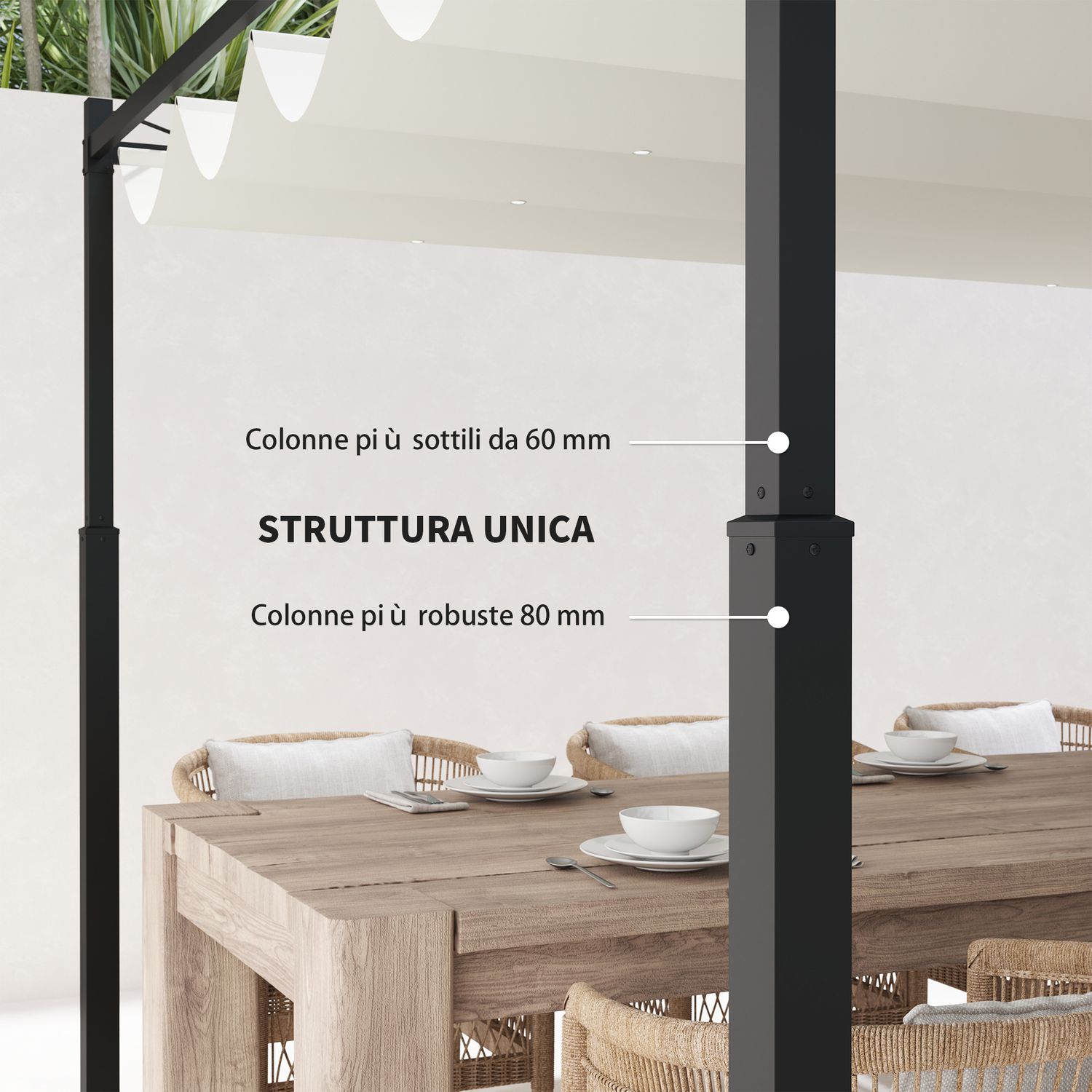Gazebo pergola 3x3 m con tettuccio retrattile, 8 viti e 8 picchetti, in poliestere 180g e metallo, bianco crema - 