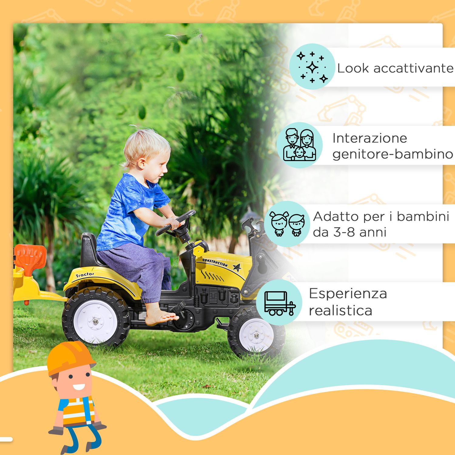 Escavatore a pedali per bambini da 3 anni con ruspa frontale, rimorchio e 6 ruote, giallo - 