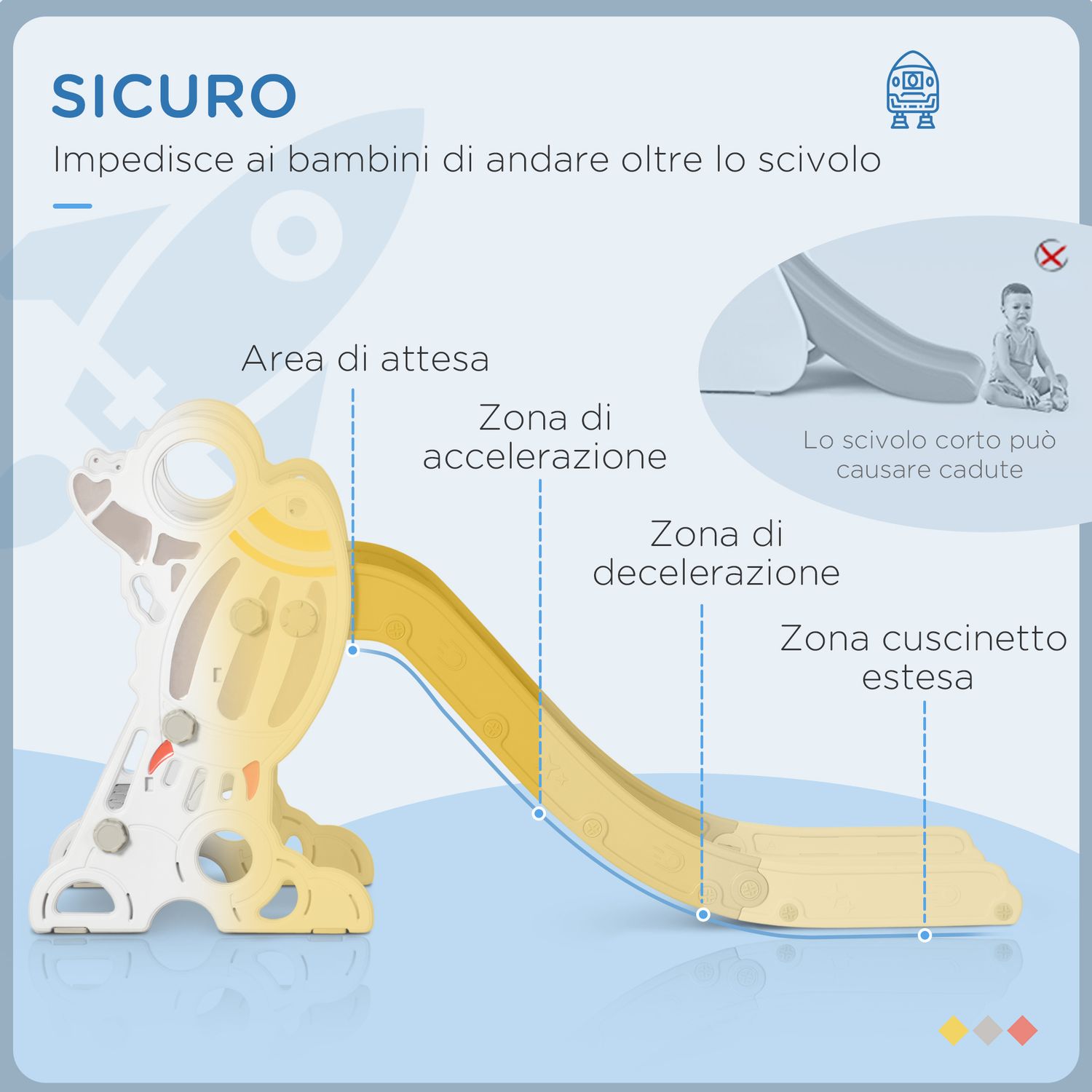 Scivolo per bambini 18-36 mesi in pe e pp a tema spaziale con scale antiscivolo, 157x46.5x80 cm, grigio e bianco - 