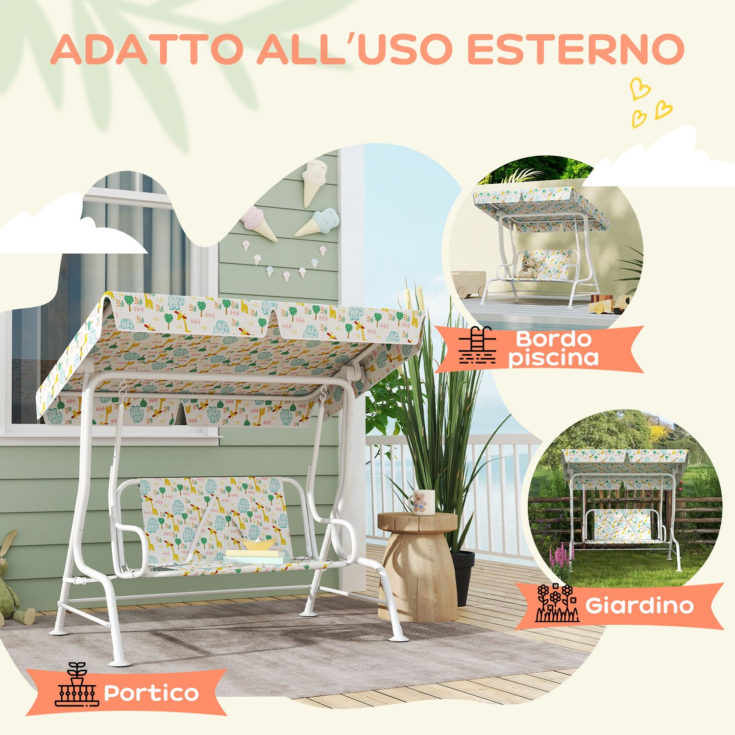 Dondolo per bambini da esterno a 2 posti con tettuccio regolabile e cinture di sicurezza, 112x75x120 cm, bianco - 