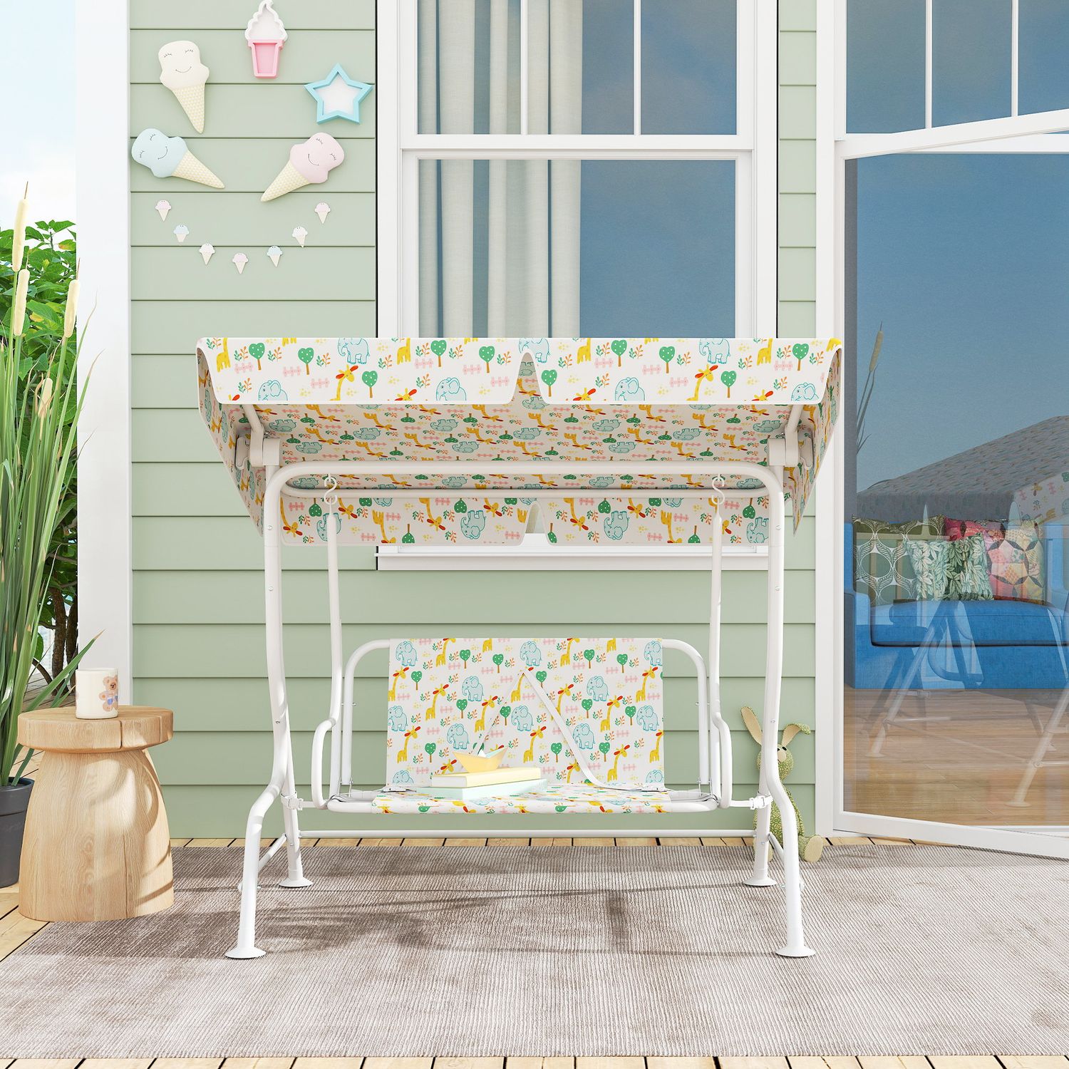 Dondolo per bambini da esterno a 2 posti con tettuccio regolabile e cinture di sicurezza, 112x75x120 cm, bianco - 