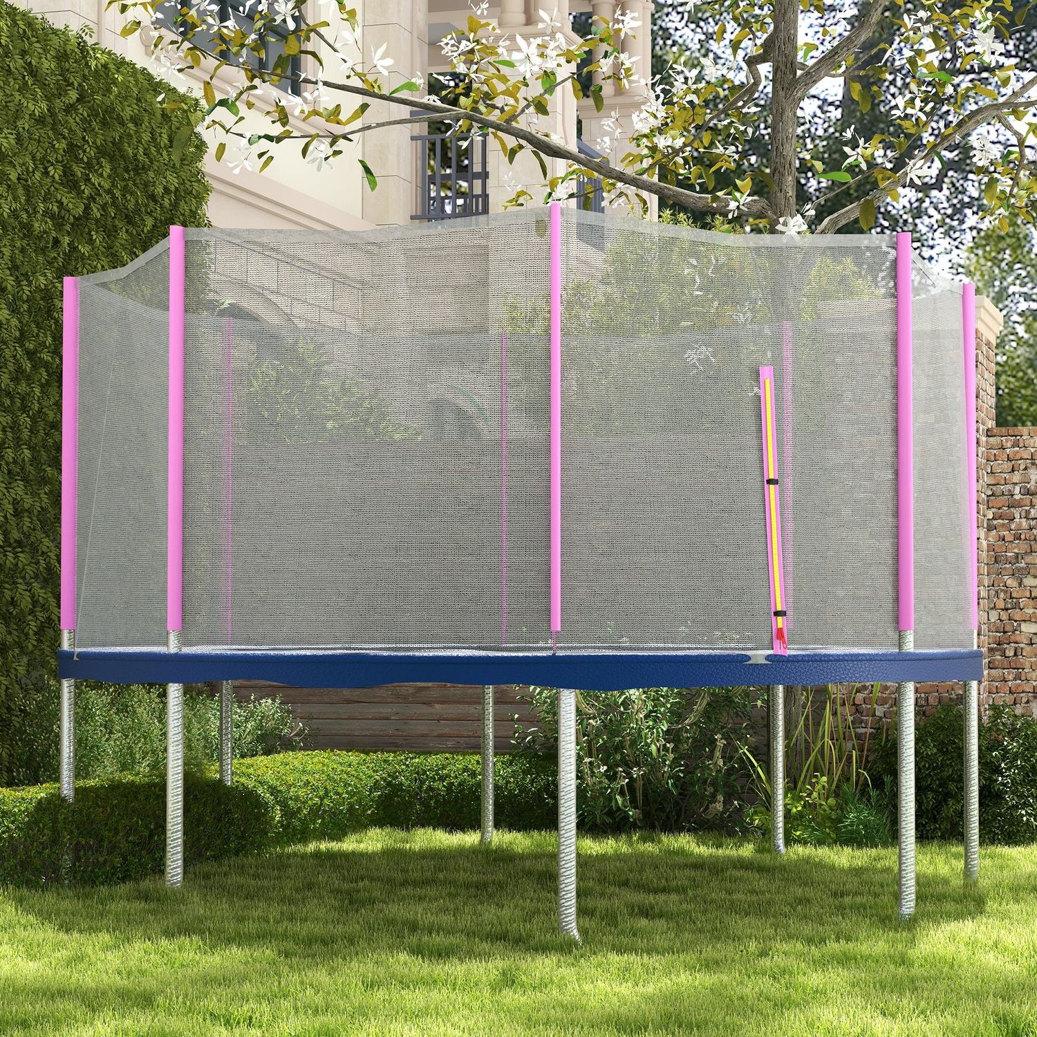 Rete di protezione per trampolini a 8 pali con ingresso con cerniera, in pe, ø366x180 cm, nero e rosa - 