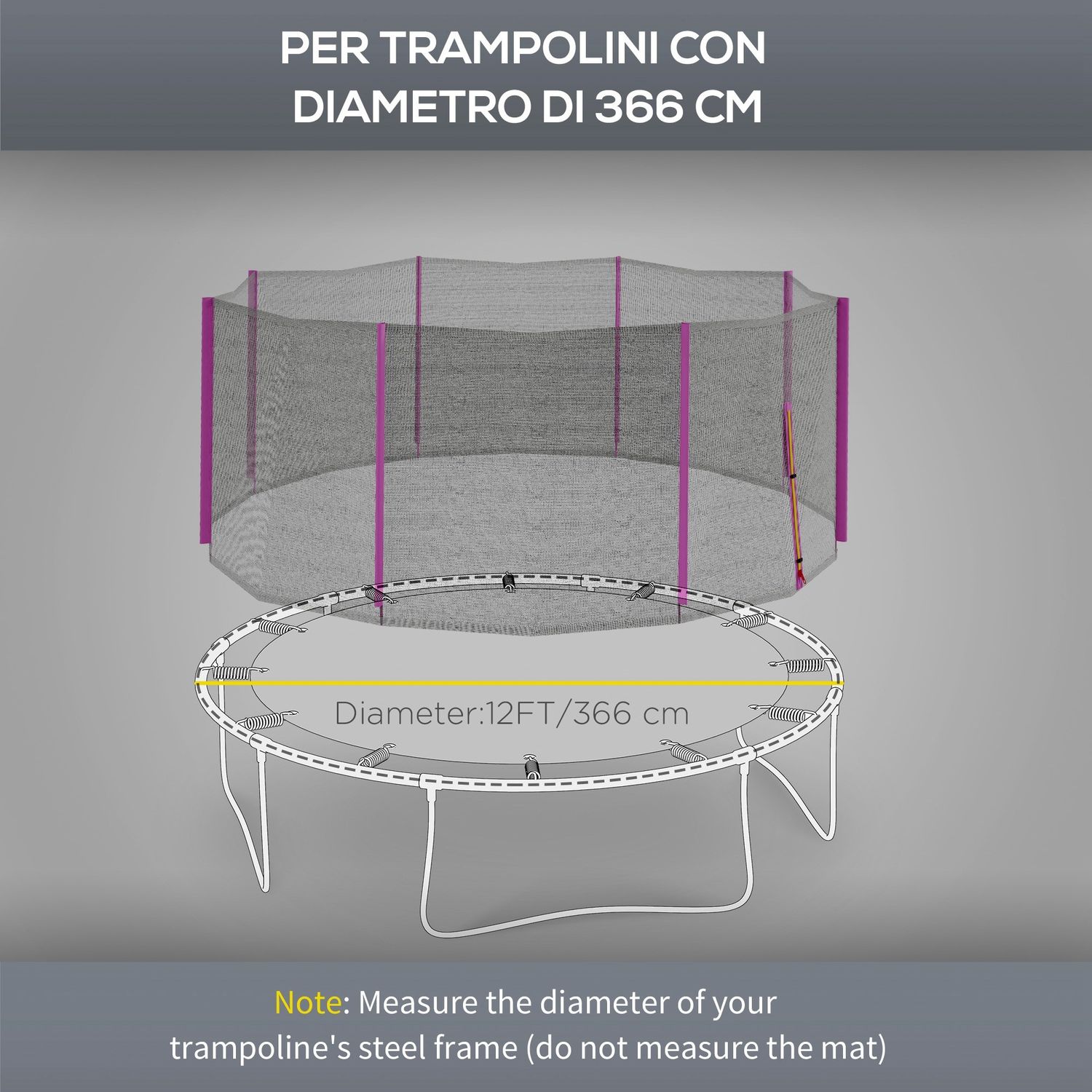 Rete di protezione per trampolini a 8 pali con ingresso con cerniera, in pe, ø366x180 cm, nero e rosa - 