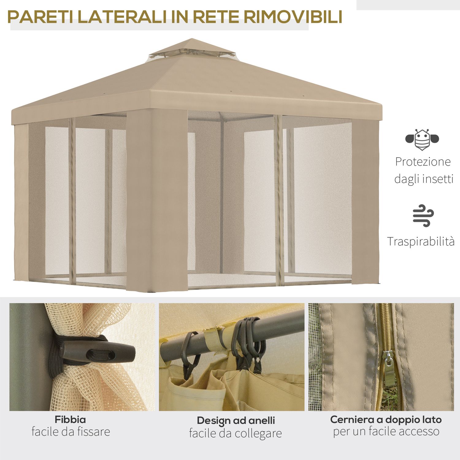 Gazebo da giardino 3x3m in metallo con zanzariera e tetto a 2 livelli in poliestere cachi - 